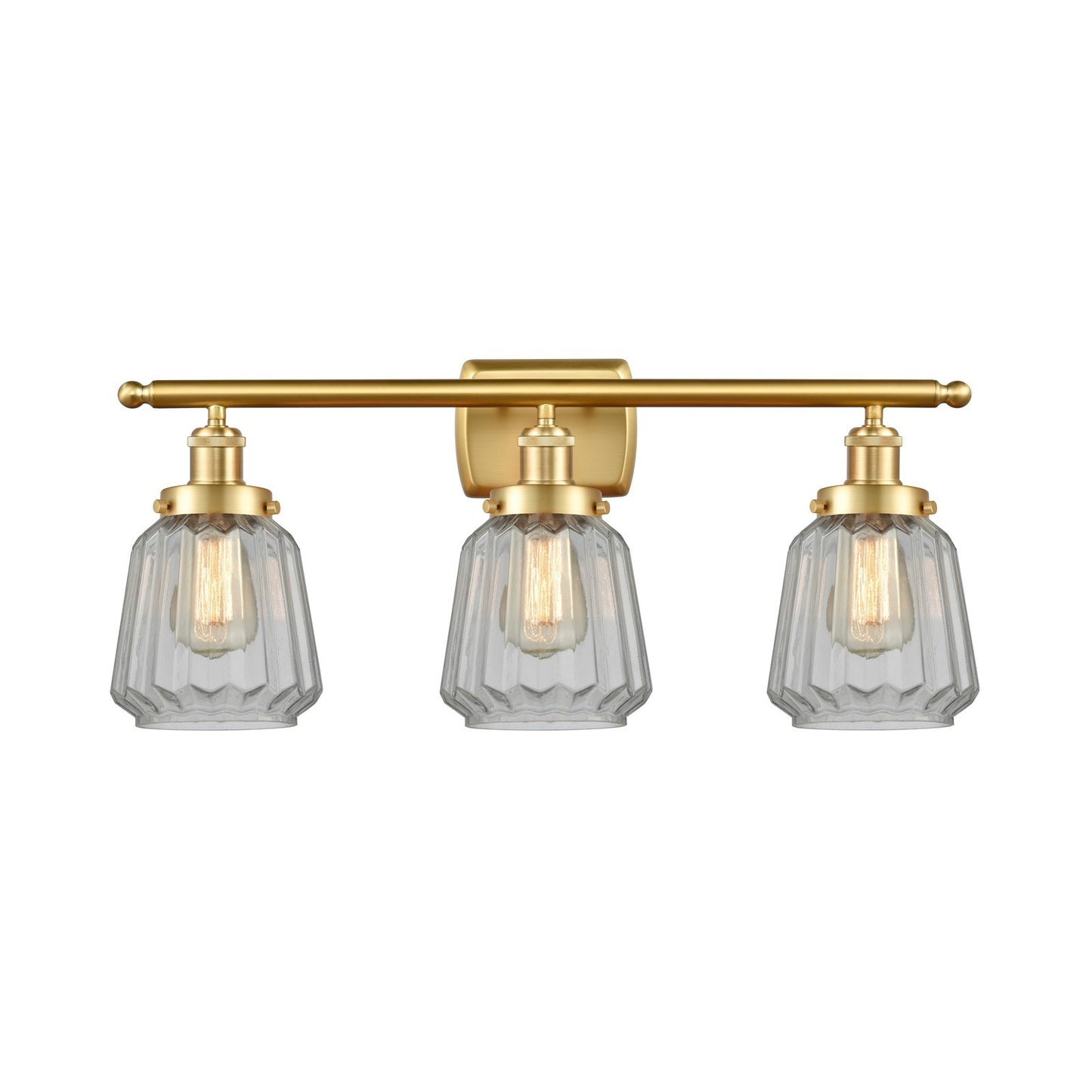 Innovations Chatham 27in 3-Light Bath Vanity Light | Modern Transitional Satin Gold Steel and Clear Ribbed Glass Shades | Bathroom | Model 916-3W-SG-G142