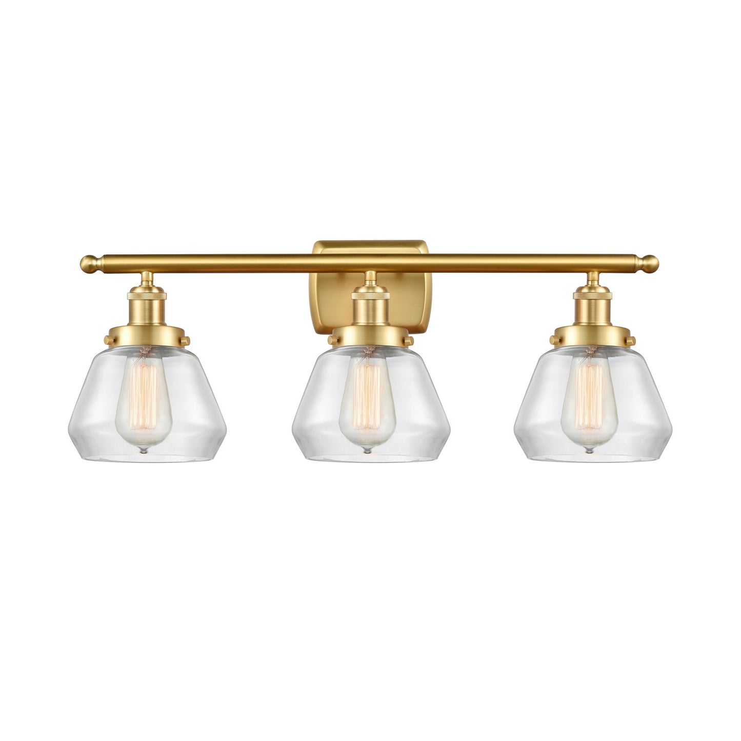 Innovations Fulton 27in 3-Light Bath Vanity Light | Modern Contempo Satin Gold Steel and Clear Glass Schoolhouse Shade | Bathroom | Model 916-3W-SG-G172