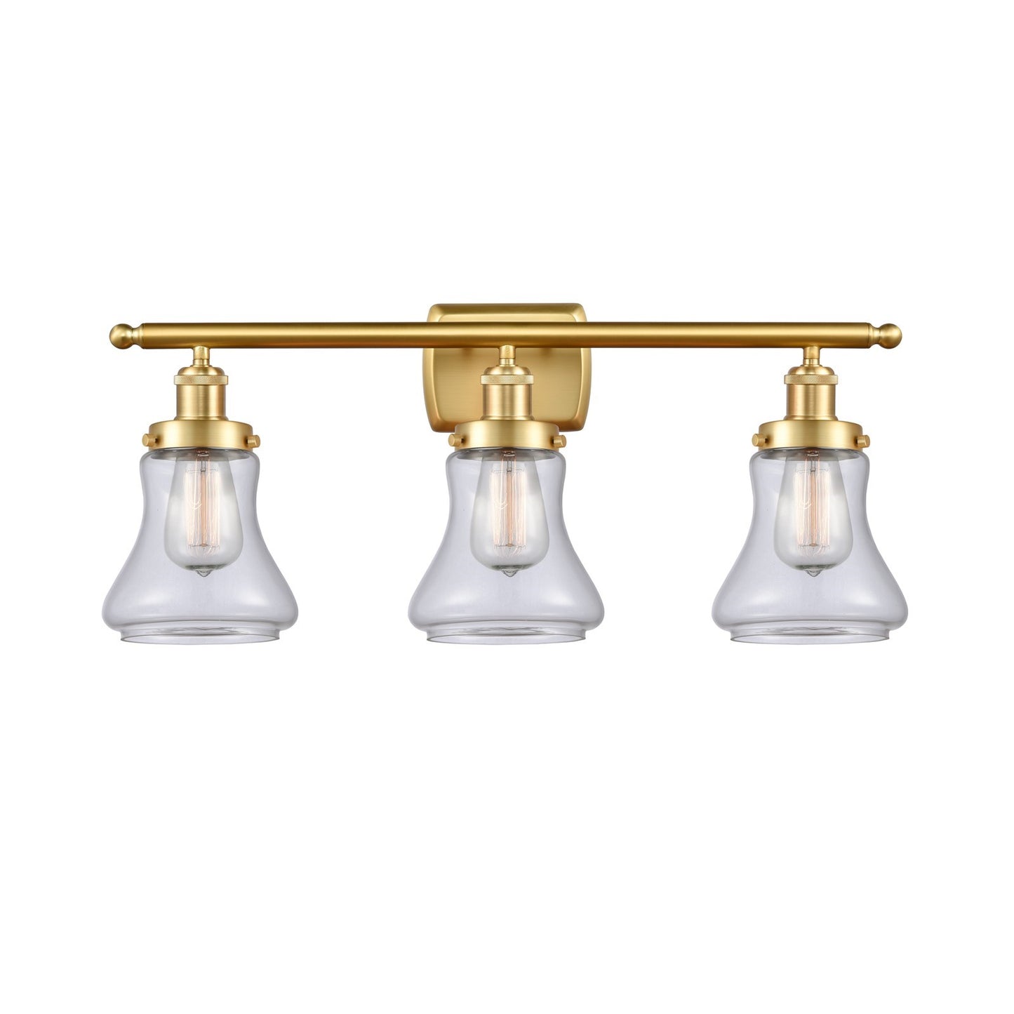 Innovations Bellmont 26in 3-Light Bath Vanity Light | Modern Transitional Satin Gold Steel and Clear Glass Schoolhouse Shade | Model 916-3W-SG-G192