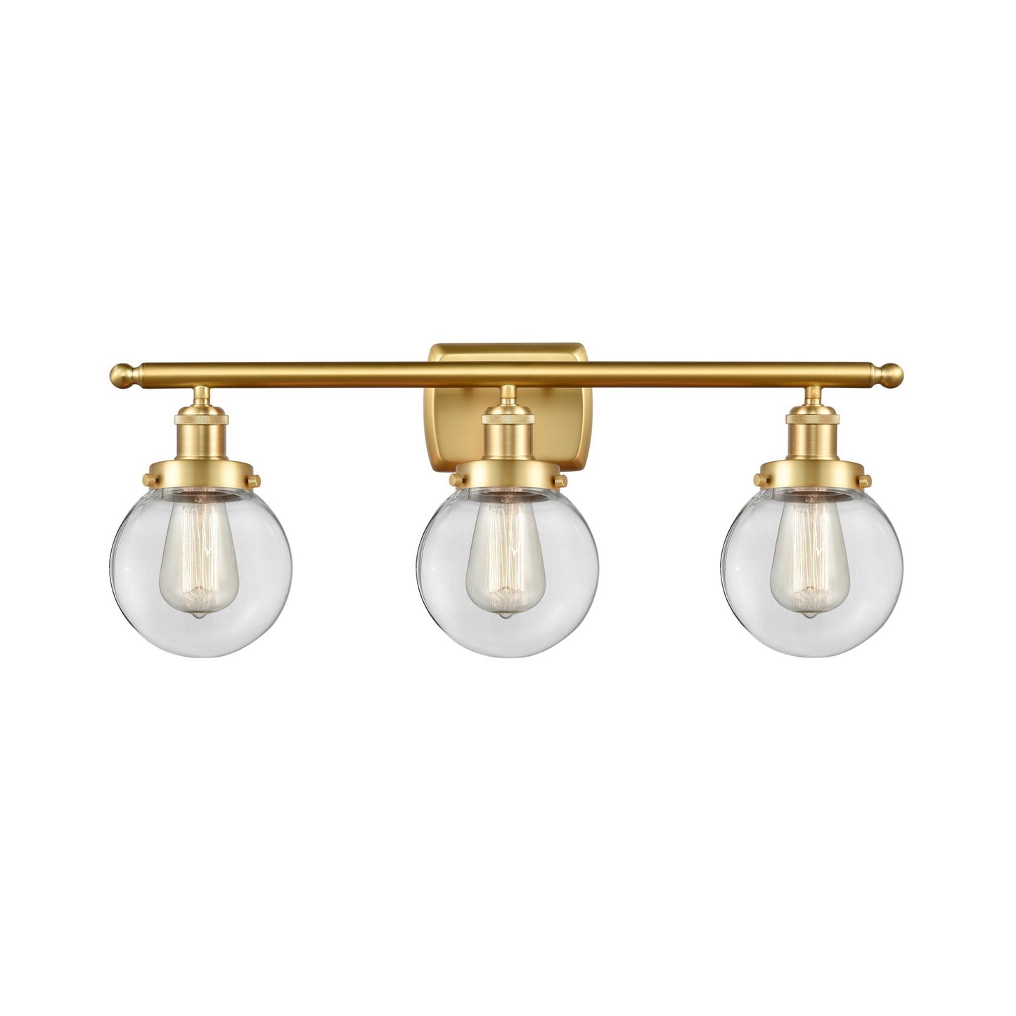 Innovations Beacon 26in 3-Light Bath Vanity Light | Modern Transitional Satin Gold Steel and Clear Glass Globe Shade | Bathroom | Model 916-3W-SG-G202-6
