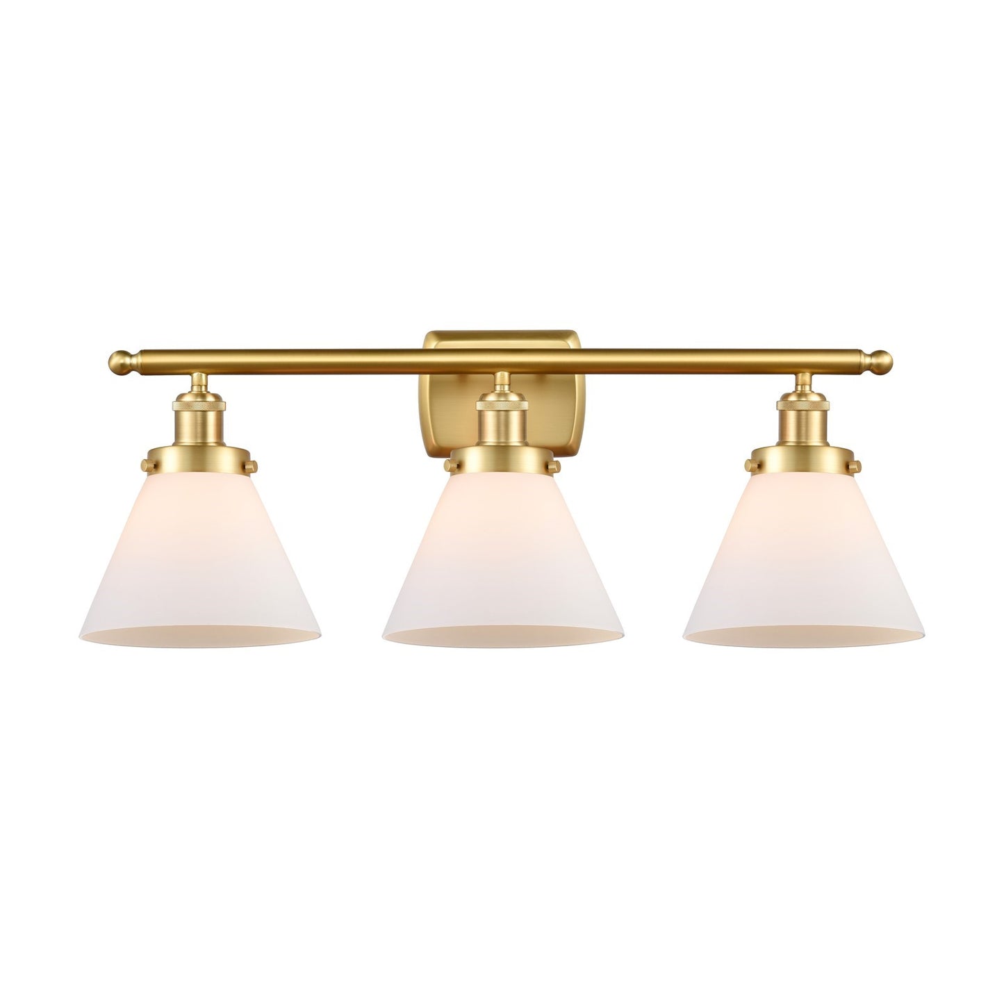 Innovations Cone 28in 3-Light Bath Vanity Light | Industrial Satin Gold Steel and Matte White Frosted Glass | Bathroom Vanity & | Model 916-3W-SG-G41