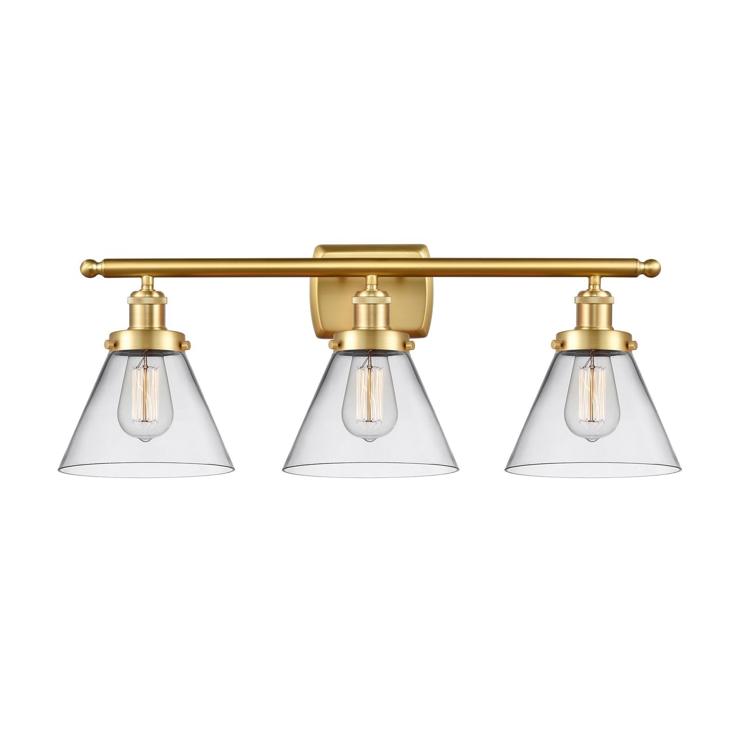 Innovations Cone 28in 3-Light Bath Vanity Light | Industrial Satin Gold Steel and Clear Glass | Bathroom Vanity & Powder Room | Model 916-3W-SG-G42