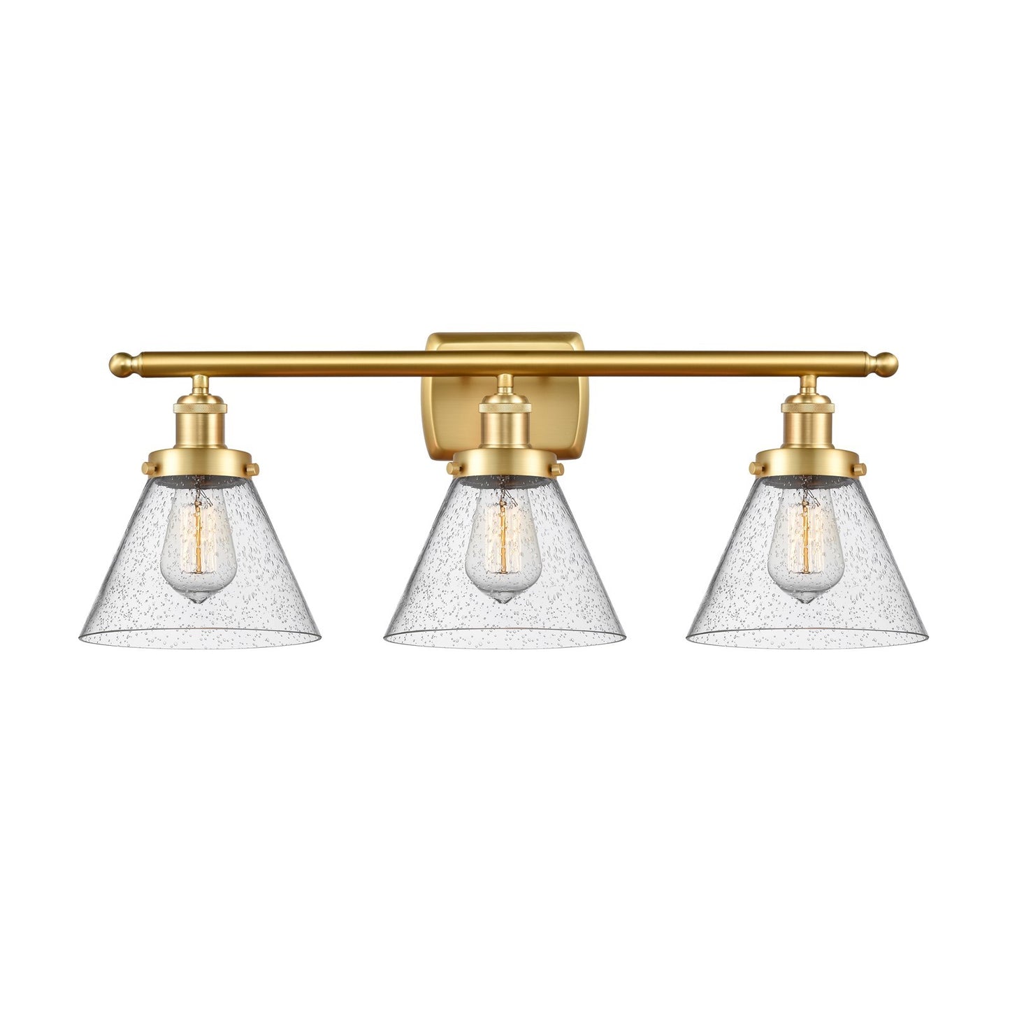 Innovations Cone 28in 3-Light Bath Vanity Light | Industrial Satin Gold Steel and Seedy Glass | Bathroom Vanity & Powder Room | Model 916-3W-SG-G44