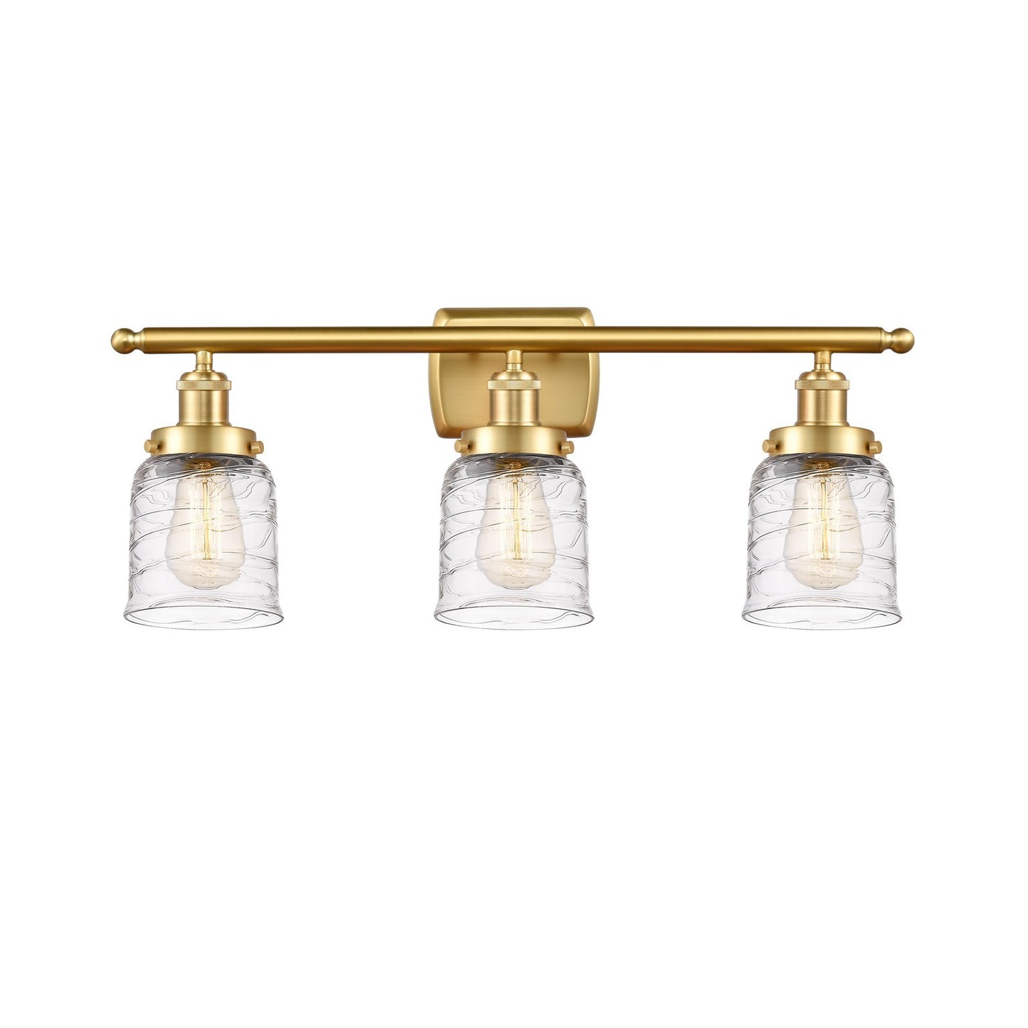 Innovations Bell 26in 3-Light Bath Vanity Light | Industrial Satin Gold Steel and Clear Deco Swirl Glass | Bathroom Vanity | Model 916-3W-SG-G513