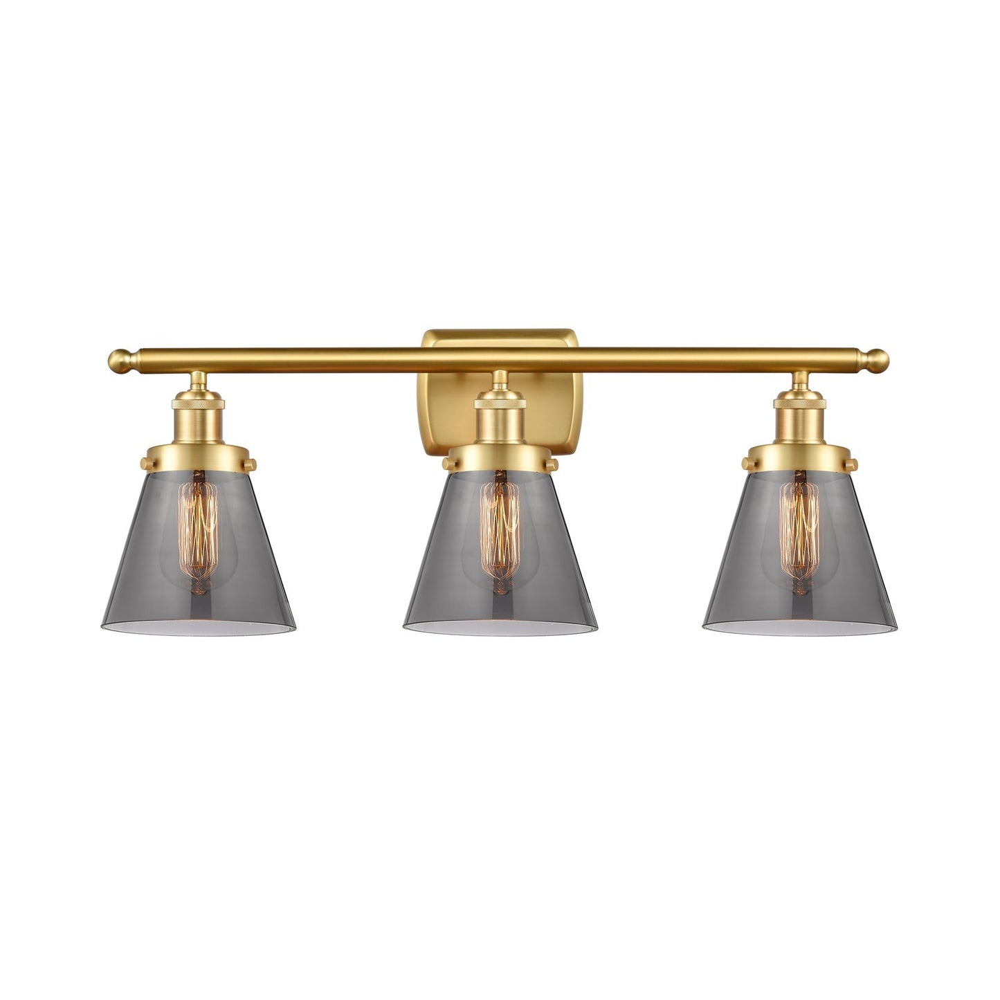 Innovations Cone 26in 3-Light Bath Vanity Light | Industrial Satin Gold Steel and Light Smoke Glass | Bathroom Vanity | Model 916-3W-SG-G63