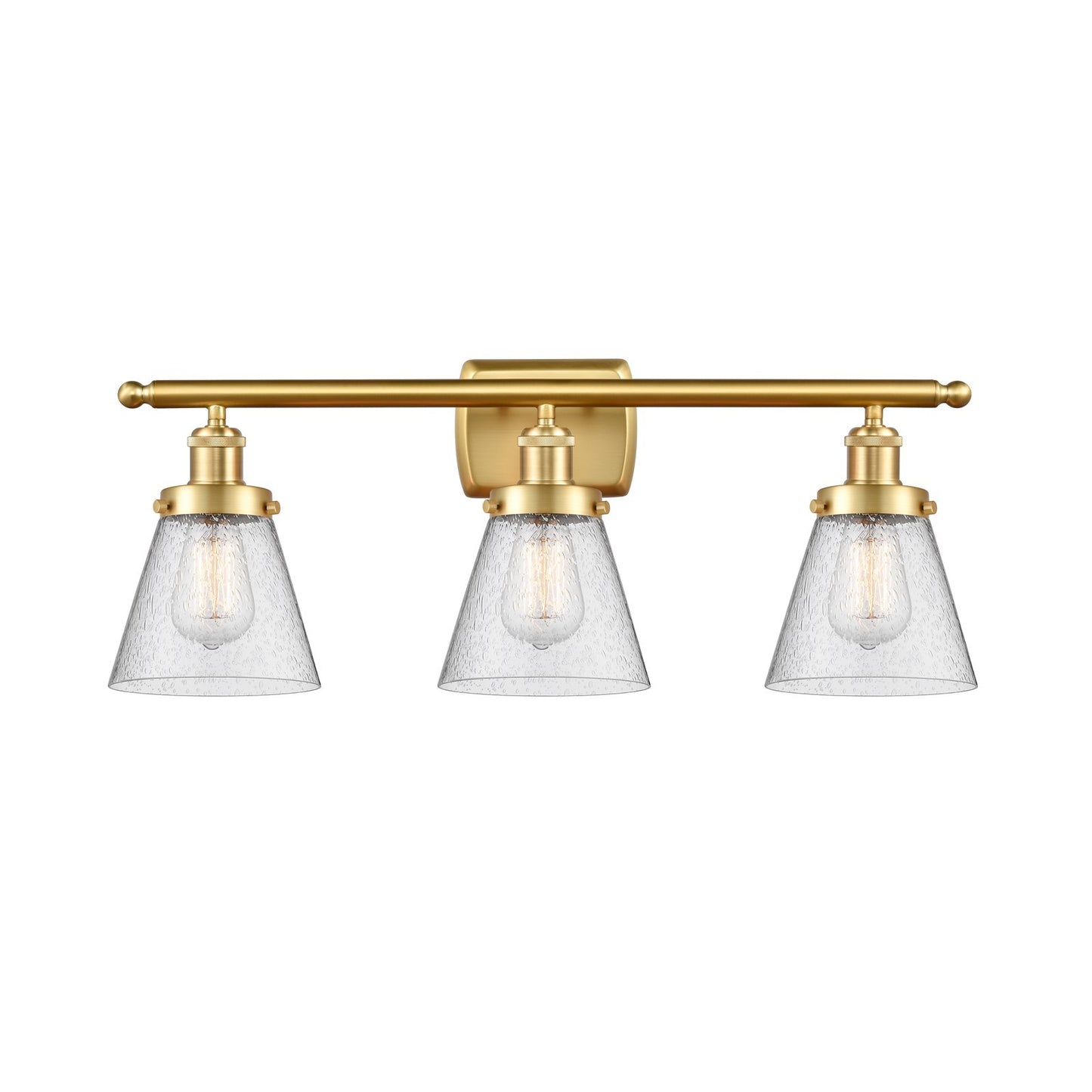 Innovations Cone 26in 3-Light Bath Vanity Light | Industrial Satin Gold Steel and Seedy Glass | Bathroom Vanity | 26 x 11 x 7.5 in | Model 916-3W-SG-G64