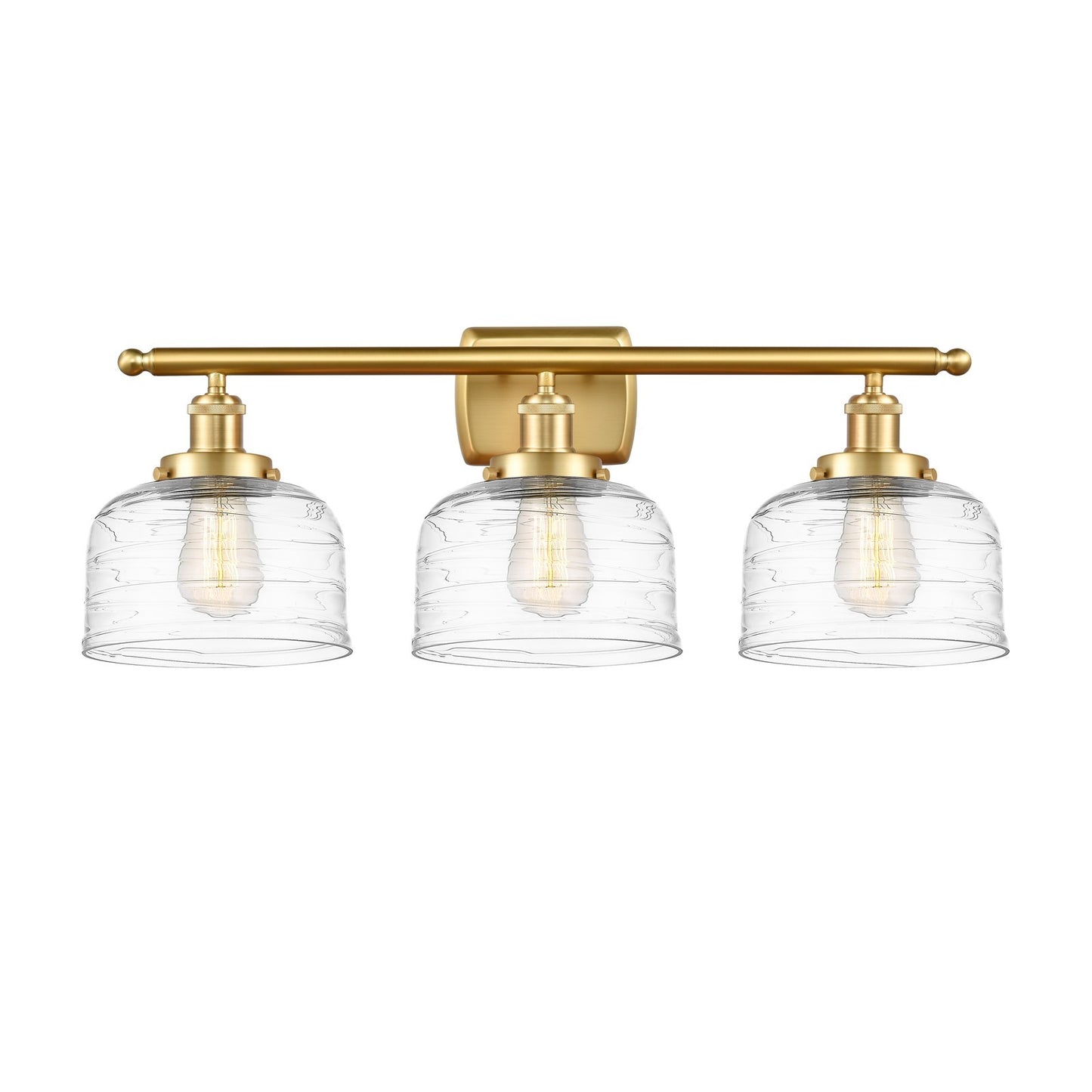 Innovations Bell 28in 3-Light Bath Vanity Light | Industrial Satin Gold Steel and Clear Deco Swirl Glass | Bathroom Vanity | Model 916-3W-SG-G713