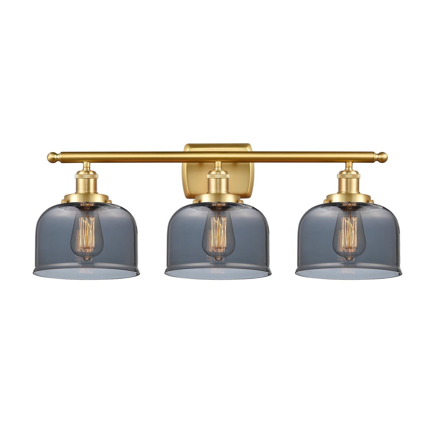 Innovations Bell 28in 3-Light Bath Vanity Light | Industrial Satin Gold Steel and Light Smoke Glass | Bathroom Vanity | 28 x 11 in | Model 916-3W-SG-G73