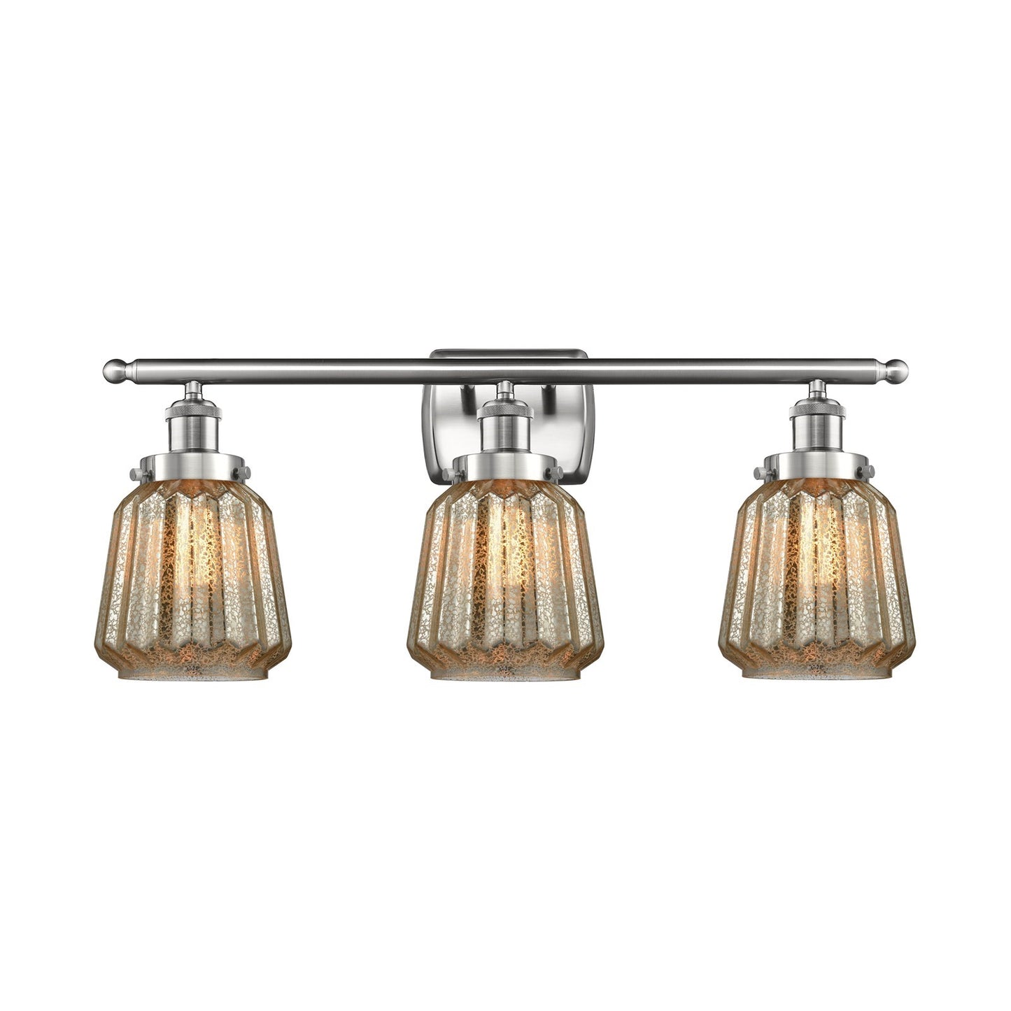 Innovations Chatham 27in 3-Light Bath Vanity Light | Modern Transitional Brushed Satin Nickel Steel and Mercury Ribbed Glass Shade | Model 916-3W-SN-G146
