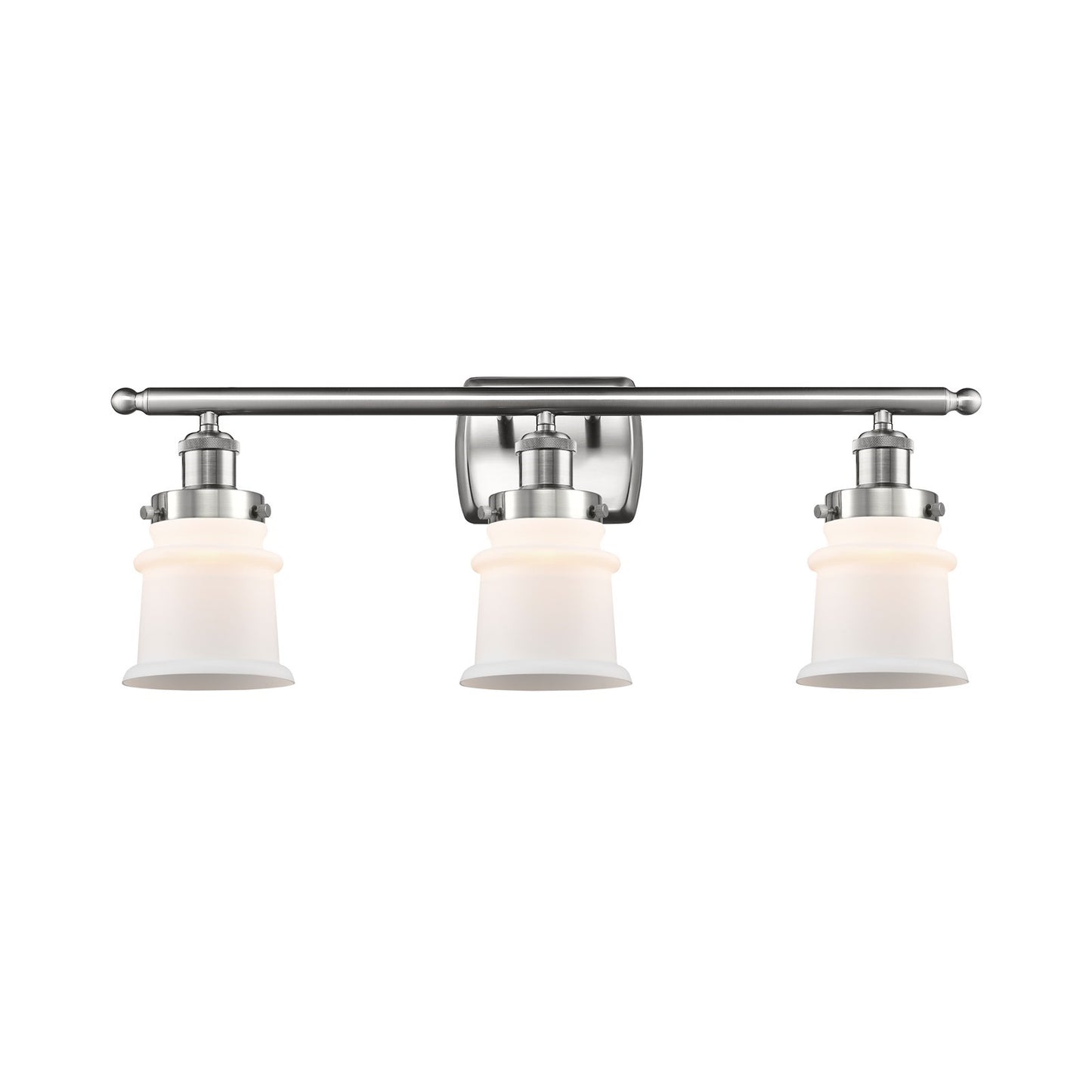 Innovations Canton 25.25in 3-Light Bath Vanity | Modern Transitional Brushed Satin Nickel and Matte White Frosted Glass Small Bell | Model 916-3W-SN-G181S