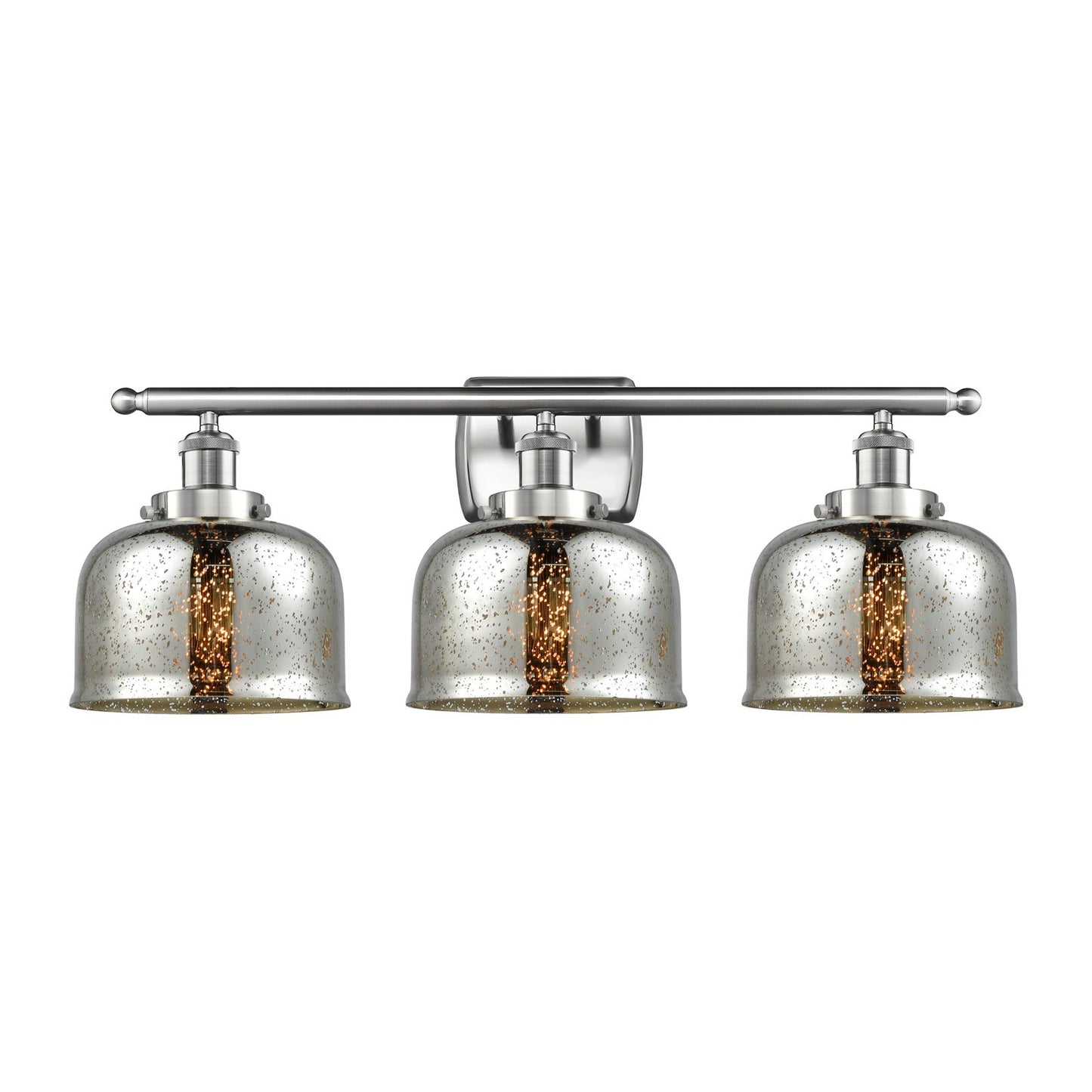 Innovations Bell 28in 3-Light Bath Vanity | Industrial Brushed Satin Nickel and Silver Plated Mercury Glass | Damp Rated | Model 916-3W-SN-G78-LED