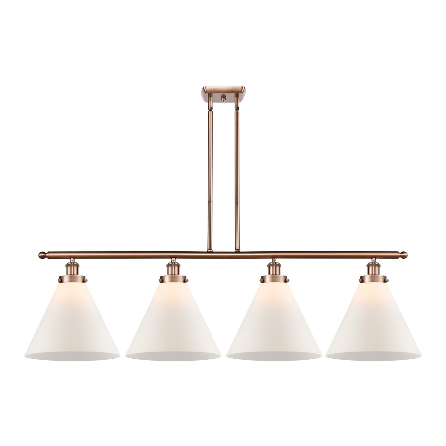 Innovations Cone 48in 4-Light Island Light | Industrial Transitional Antique Copper Steel and Matte White Frosted Glass | Kitchen | Model 916-4I-AC-G41-L
