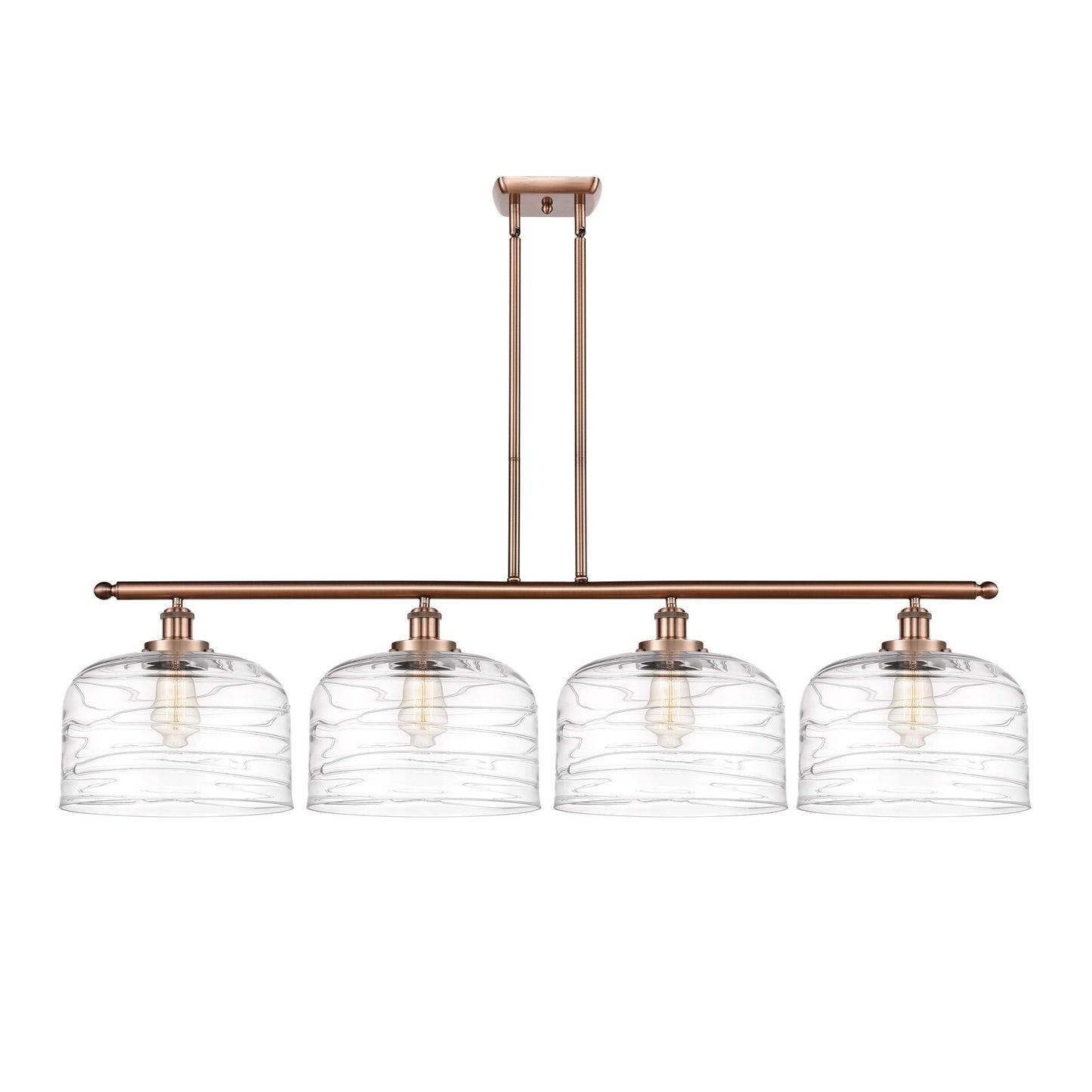 Innovations Bell 48in 4-Light LED Island Light | Industrial Antique Copper Steel and Clear Deco Swirl XL Glass | Kitchen | Model 916-4I-AC-G713-L-LED