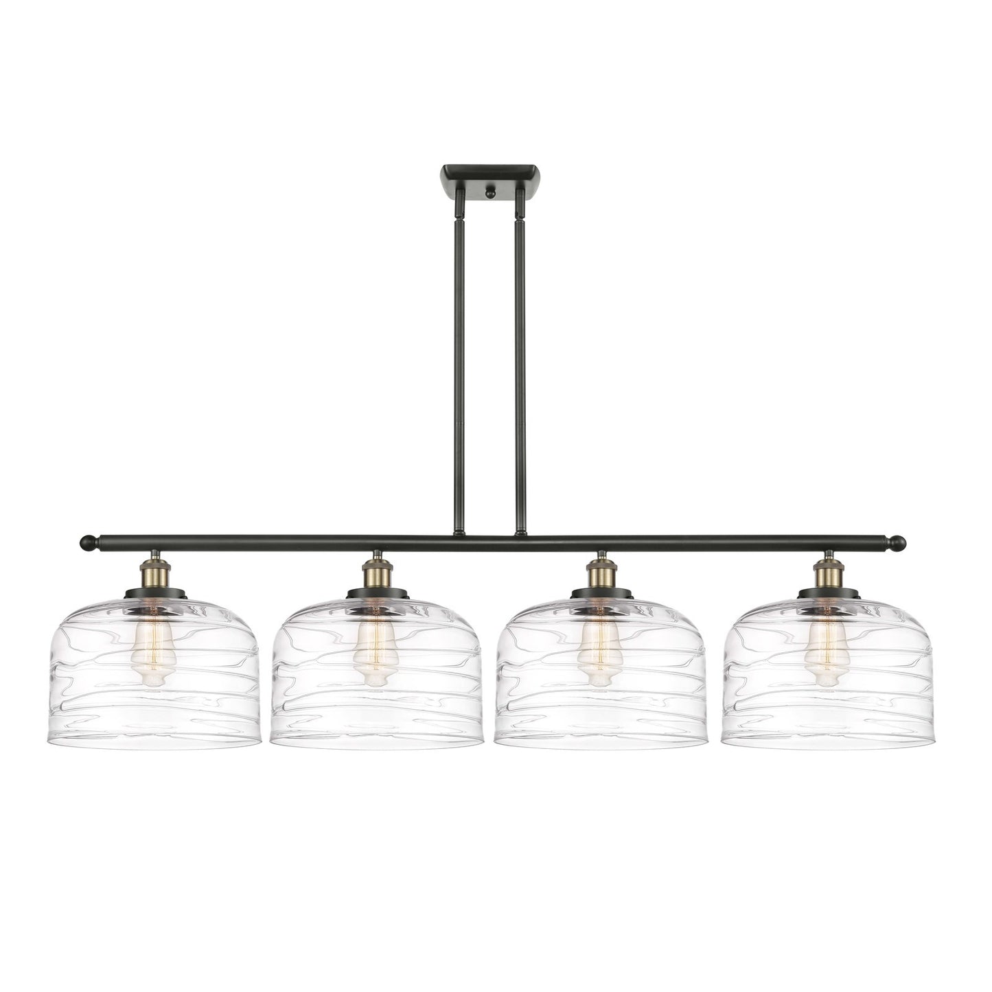 Innovations Bell 48in 4-Light Island Light | Industrial Black Antique Brass Steel and Clear Deco Swirl XL Glass | Kitchen Island | Model 916-4I-BAB-G713-L