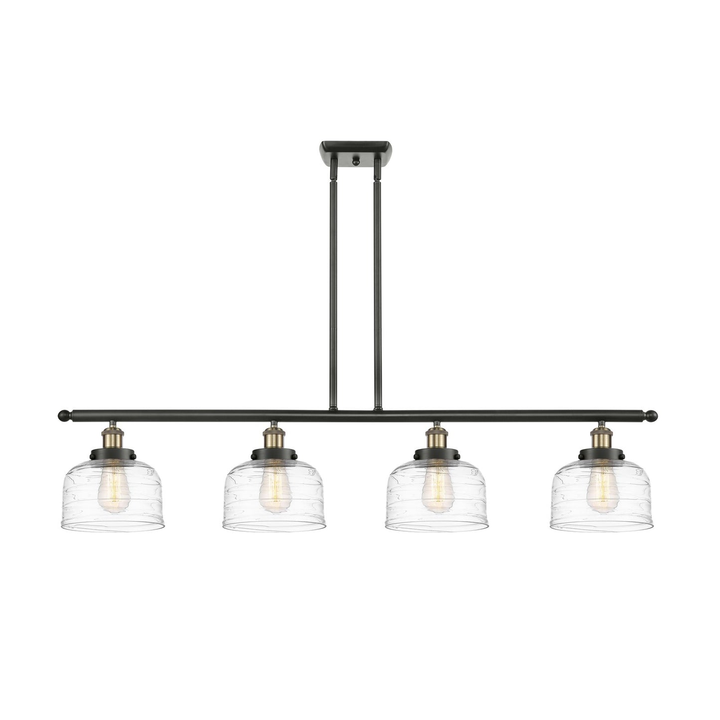 Innovations Bell 48in 4-Light Island Light | Industrial Black Antique Brass Steel and Clear Deco Swirl Glass | Kitchen Island | Model 916-4I-BAB-G713-LED