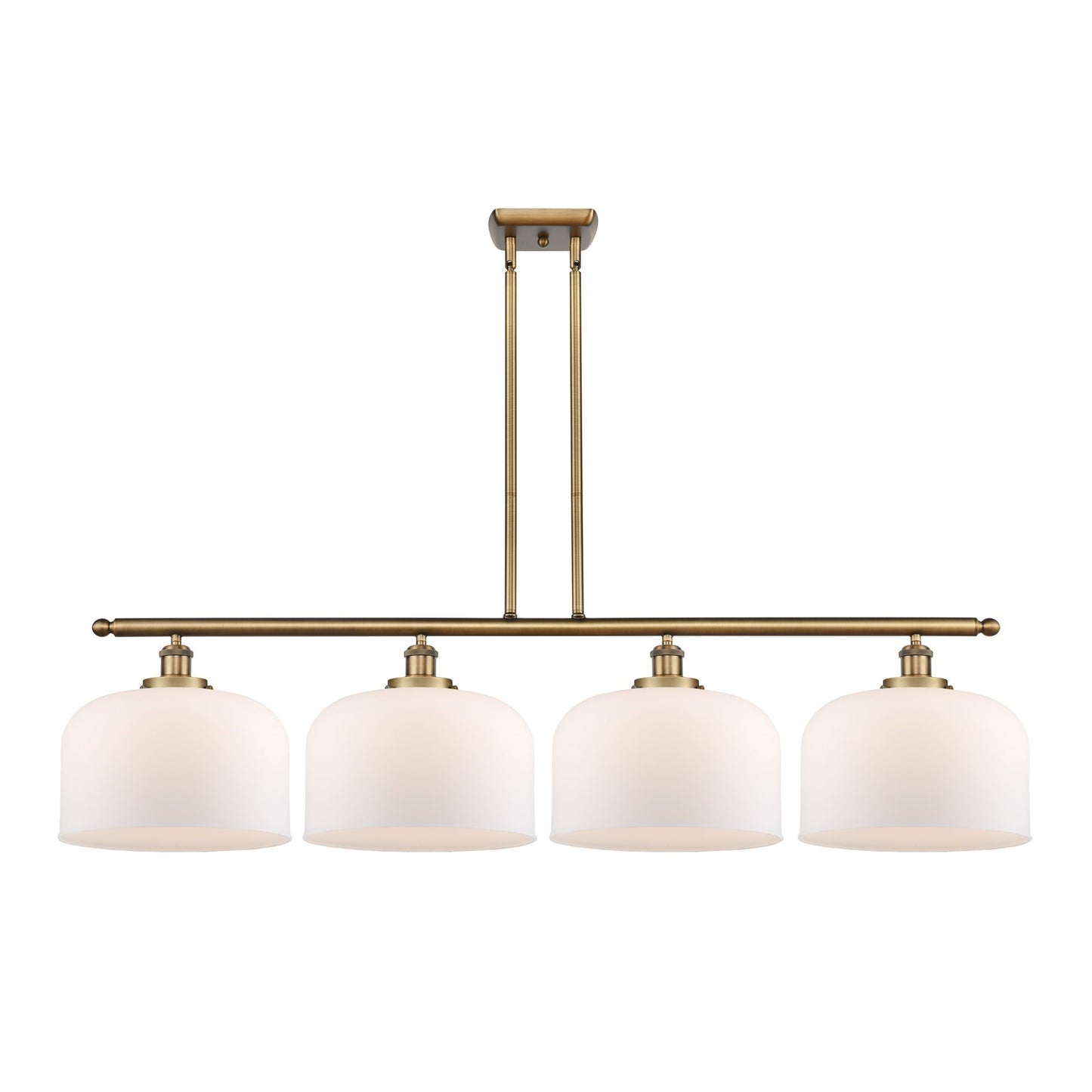 Innovations Bell 48in 4-Light Island Light | Industrial Brushed Brass Steel and Matte White Frosted Glass | Kitchen Island & | Model 916-4I-BB-G71-L