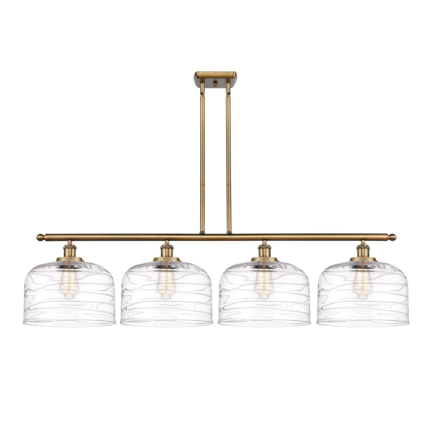 Innovations Bell 48in 4-Light Island Light | Industrial Brushed Brass and Clear Deco Swirl XL Glass | Kitchen Island & Dining | Model 916-4I-BB-G713-L
