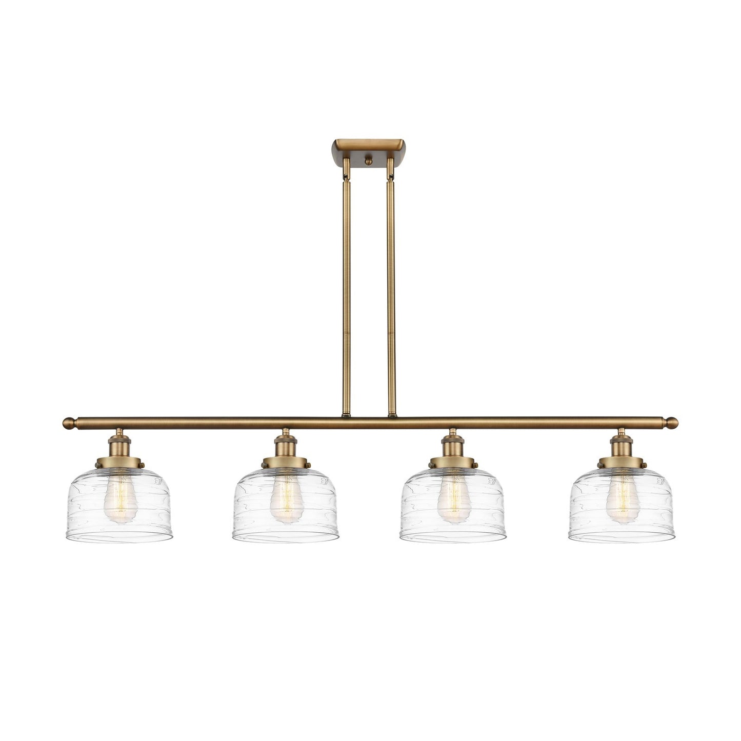 Innovations Bell 48in 4-Light Island Light | Industrial Brushed Brass Steel and Clear Deco Swirl Glass | Kitchen Island & | Model 916-4I-BB-G713-LED