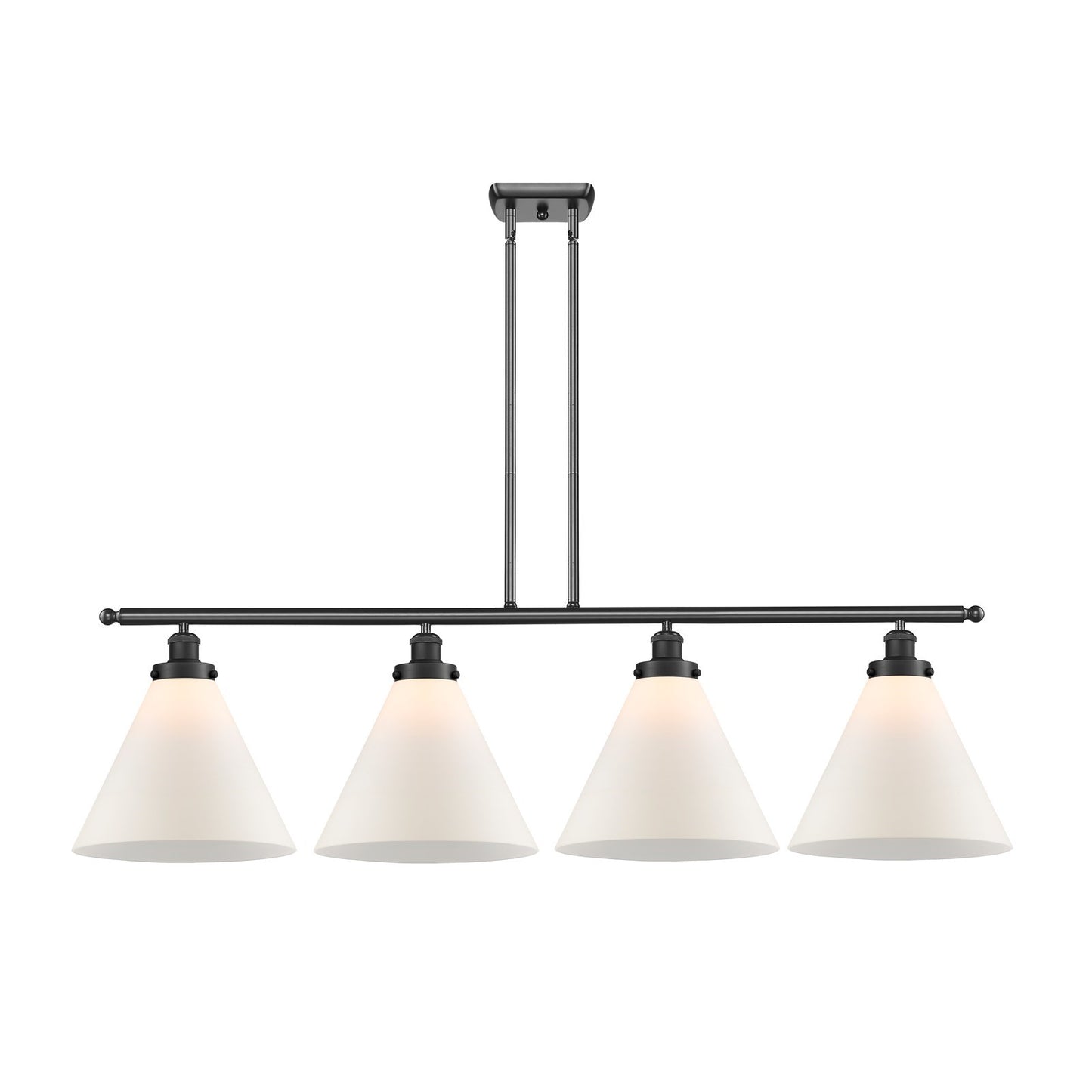 Innovations Cone 48in 4-Light LED Island Light | Industrial Matte Black Steel and Matte White Frosted Glass | Kitchen Island & | Model 916-4I-BK-G41-L-LED