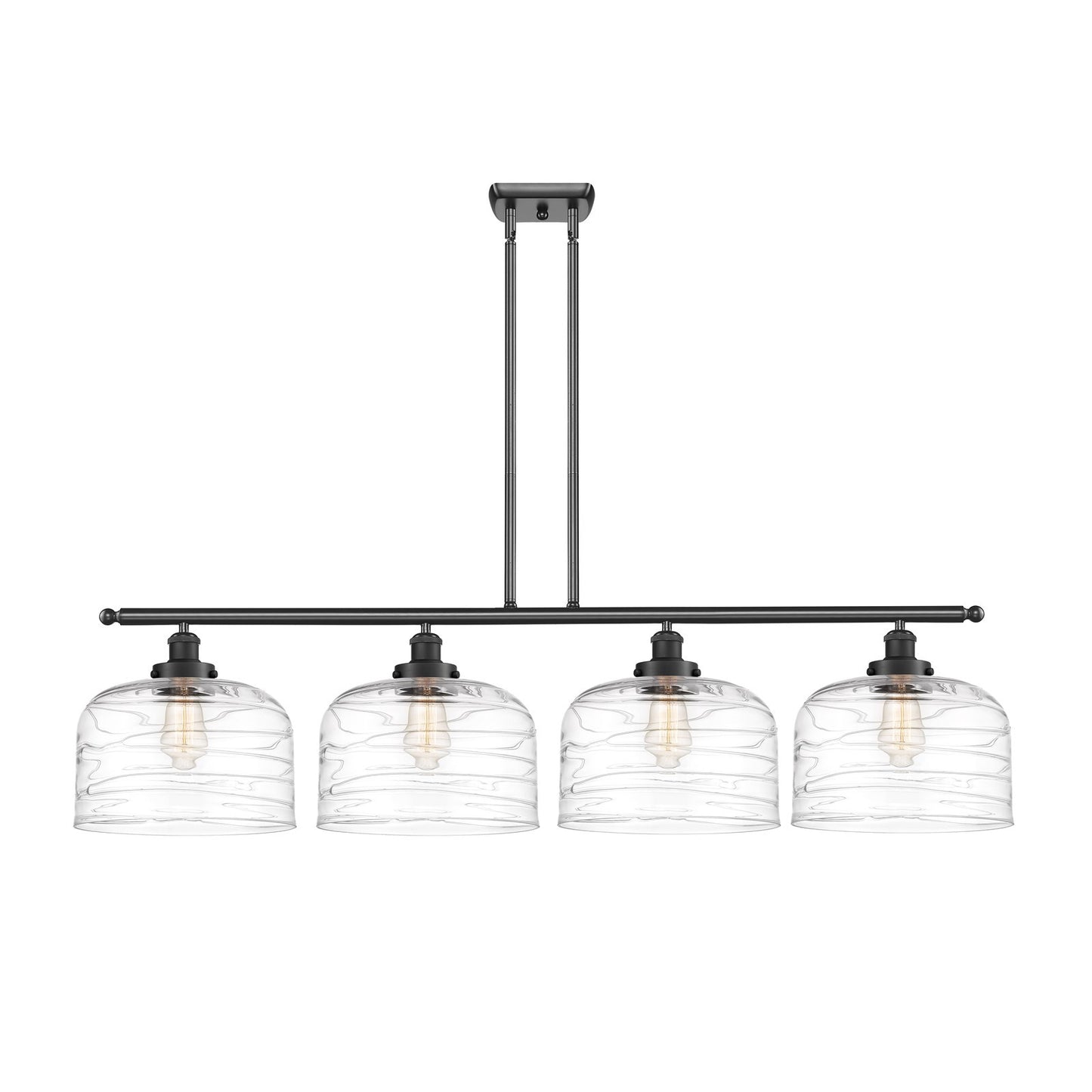 Innovations Bell 48in 4-Light Island Light | Industrial Matte Black Steel and Clear Deco Swirl Glass | Kitchen Island & Dining | Model 916-4I-BK-G713-L