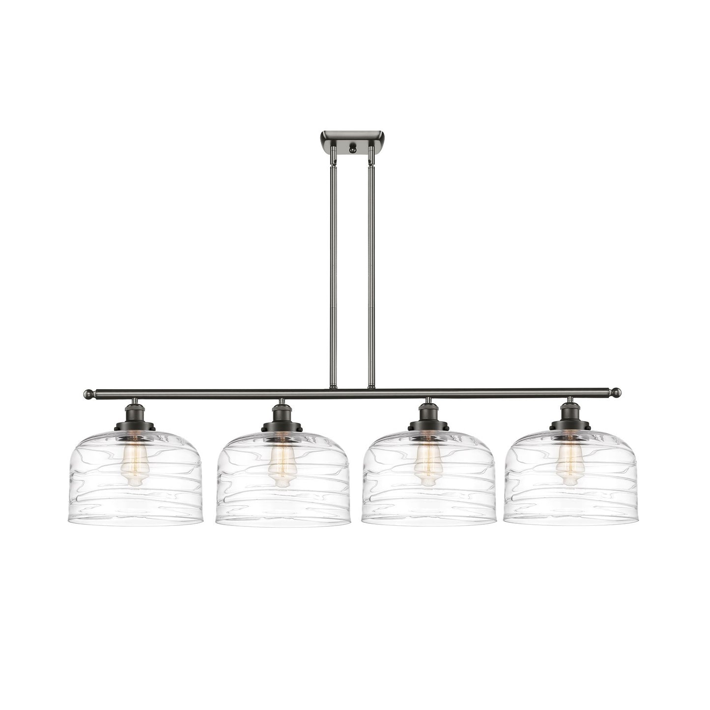 Innovations Bell 48in 4-Light Island Light | Industrial Oil Rubbed Bronze Steel and Clear Deco Swirl XL Glass | Kitchen Island & | Model 916-4I-OB-G713-L