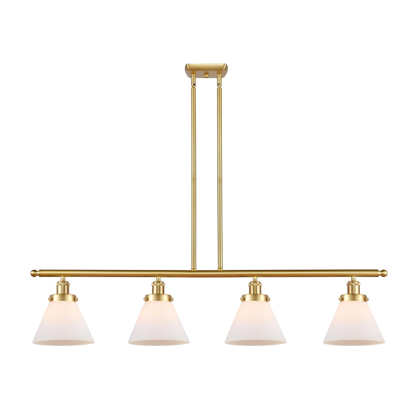Innovations Cone 48in 4-Light Island Light | Satin Gold Steel and Cast Brass with Matte White Frosted Glass Shade | Kitchen Island & | Model 916-4I-SG-G41