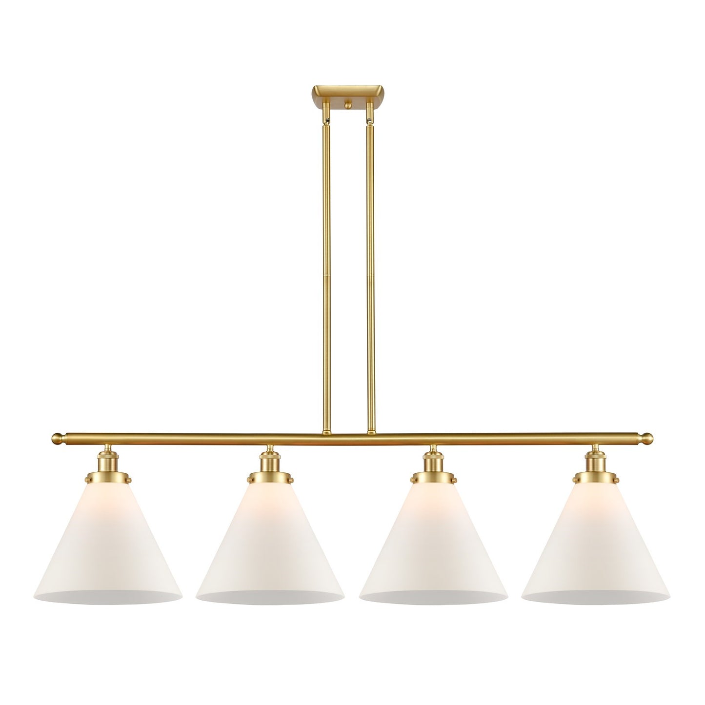 Innovations Cone 48in 4-Light Island Light | Satin Gold Steel and Cast Brass with Matte White Large Cone Glass Shade | Kitchen | Model 916-4I-SG-G41-L