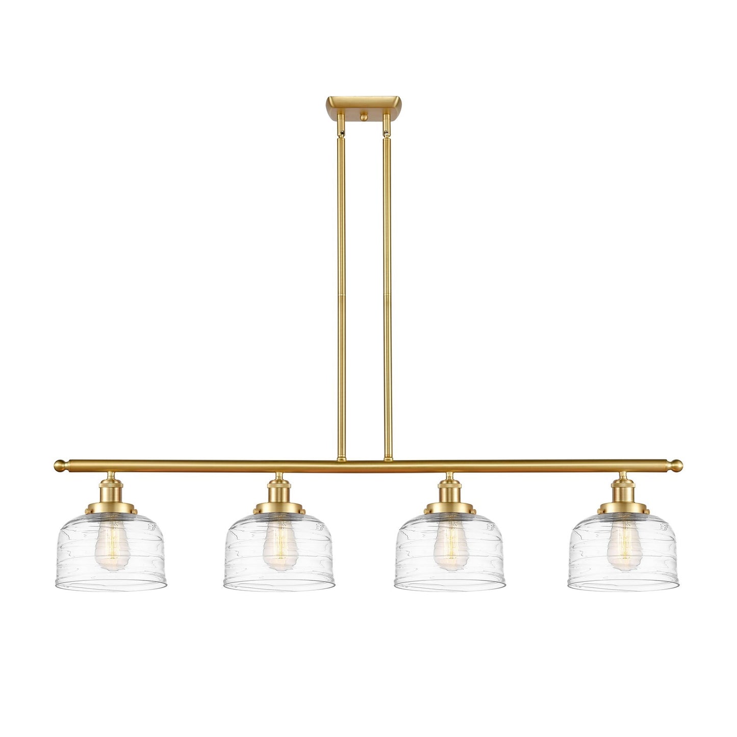 Innovations Bell 48in 4-Light Island Light | Industrial Satin Gold Steel and Clear Deco Swirl Glass | Kitchen Island & Dining Room | Model 916-4I-SG-G713