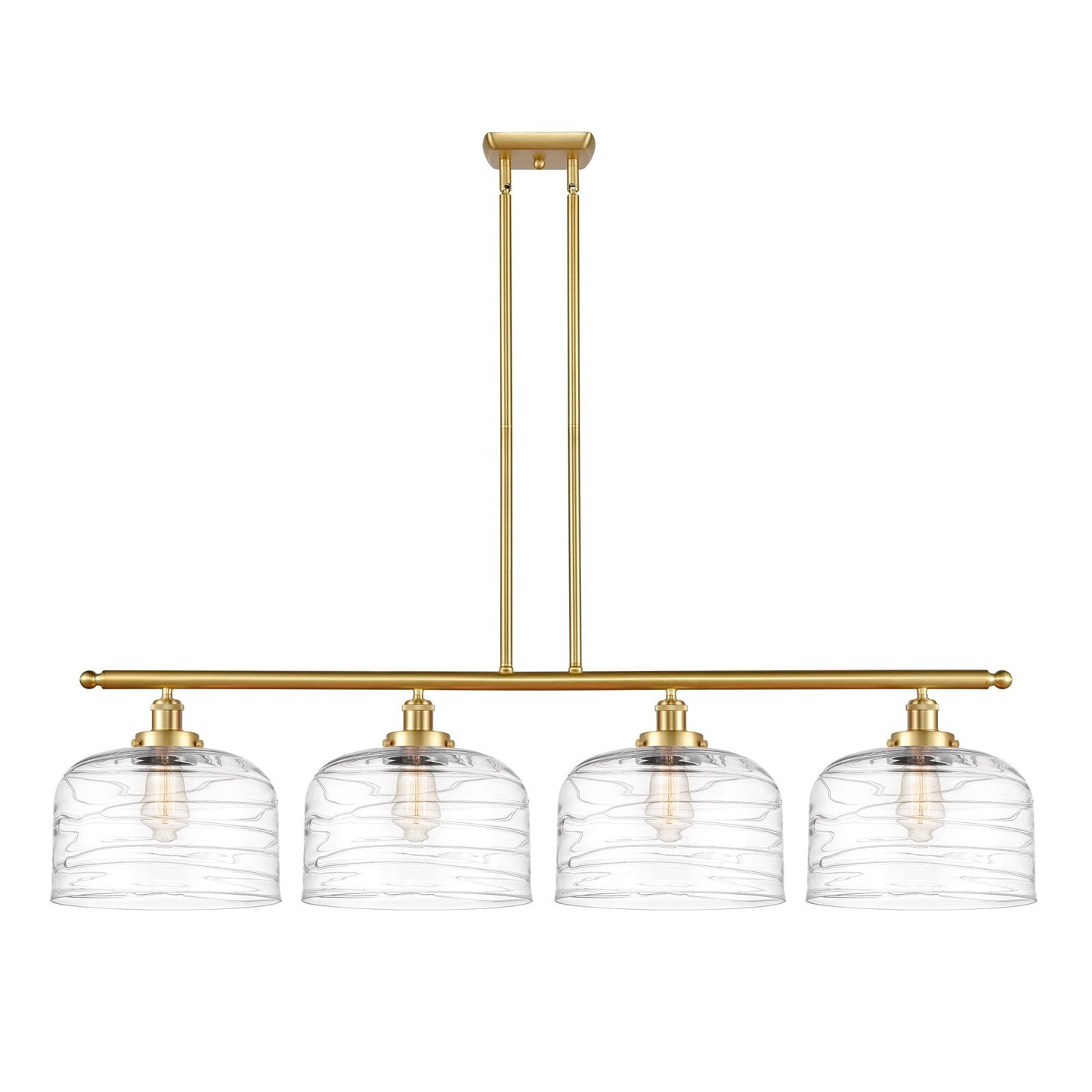 Innovations Bell 48in 4-Light Island Light | Industrial Satin Gold Steel and Clear Deco Swirl XL Glass | Kitchen Island & Dining | Model 916-4I-SG-G713-L
