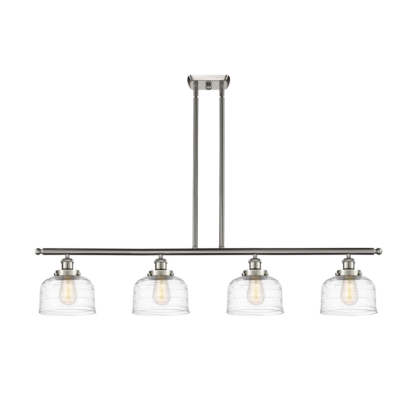 Innovations Bell 48in 4-Light Island Light | Industrial Brushed Satin Nickel and Clear Deco Swirl Glass | Kitchen Island & Dining | Model 916-4I-SN-G713