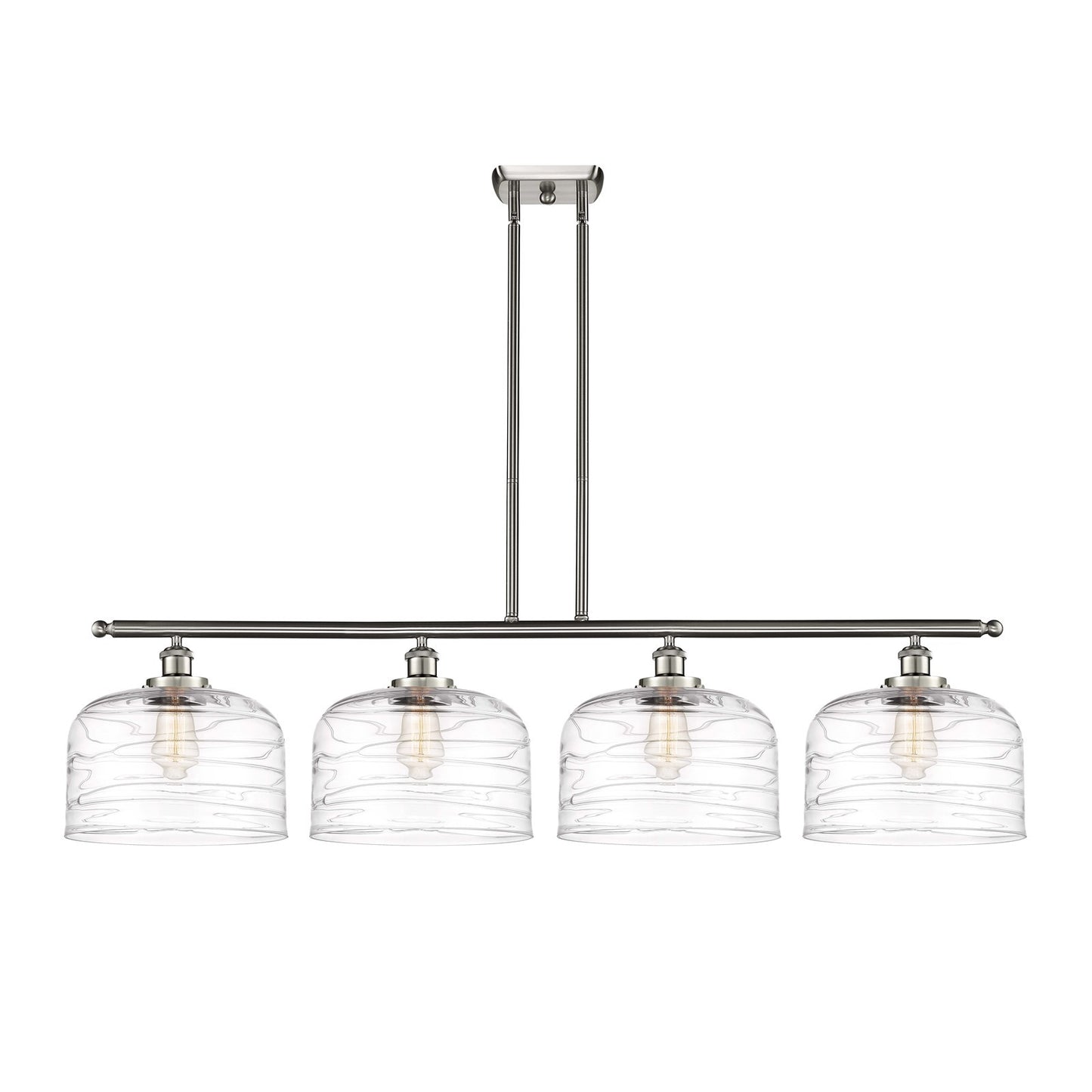 Innovations Bell 48in 4-Light Island Light | Industrial Brushed Satin Nickel and Clear Deco Swirl XL Glass | Kitchen Island & | Model 916-4I-SN-G713-L