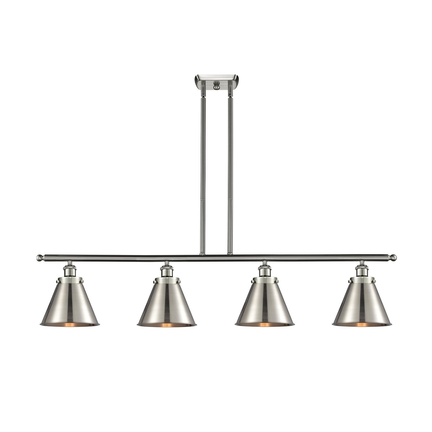 Innovations Appalachian 48in 4-Light Island Light | Industrial Brushed Satin Nickel Metal Cone Shades | Kitchen Island & Dining | Model 916-4I-SN-M13-SN