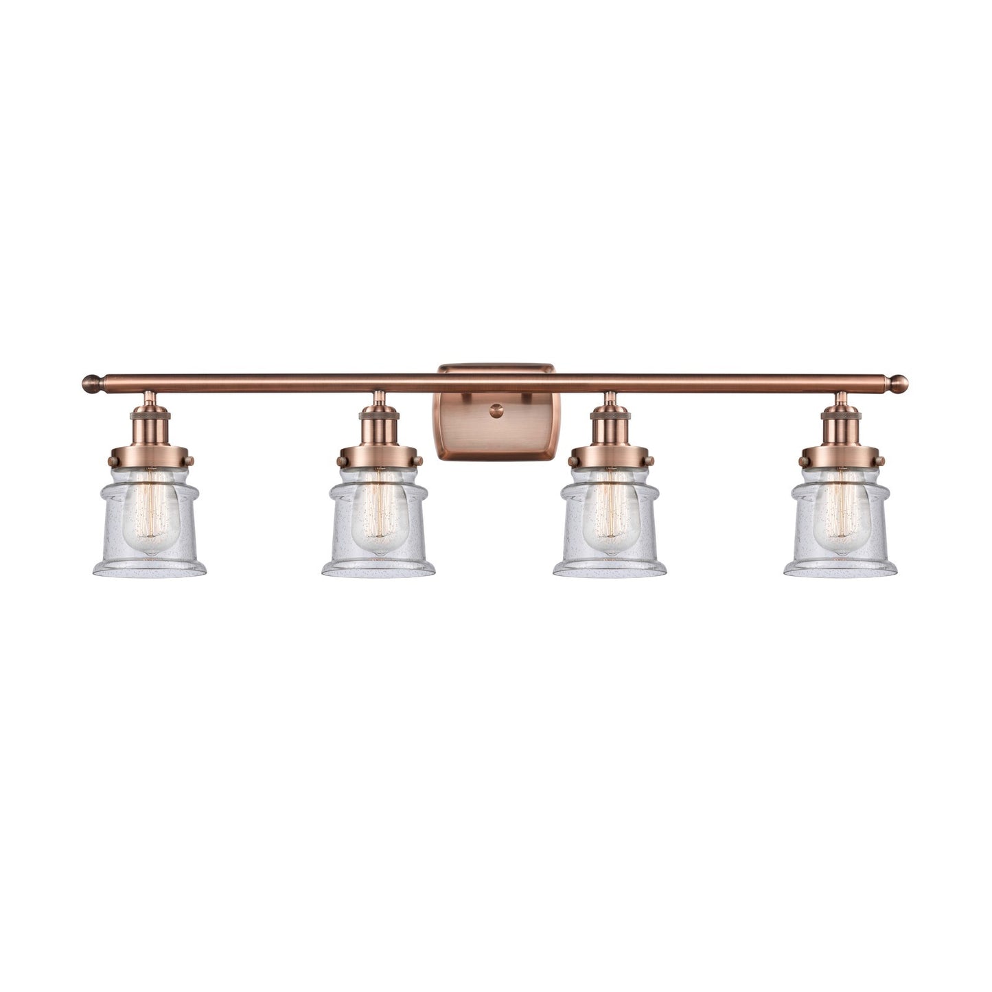 Innovations Canton 35.25in 4-Light Bath Vanity Light | Modern Contempo Antique Copper Steel and Seedy Glass Schoolhouse Shades | Model 916-4W-AC-G184S