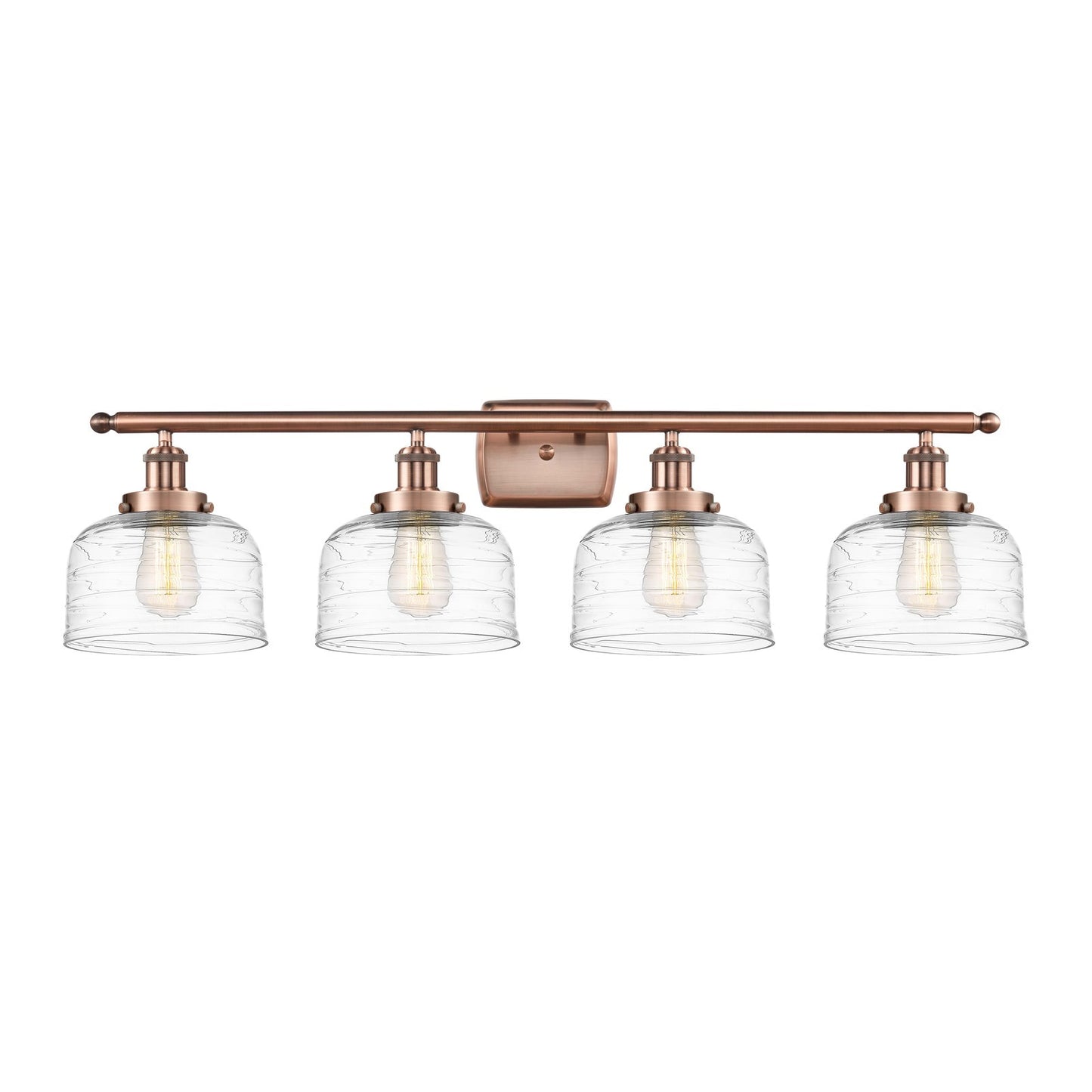Innovations Bell 38in 4-Light Bath Vanity Light | Industrial Antique Copper Steel and Clear Deco Swirl Glass | Kitchen & | Model 916-4W-AC-G713-LED