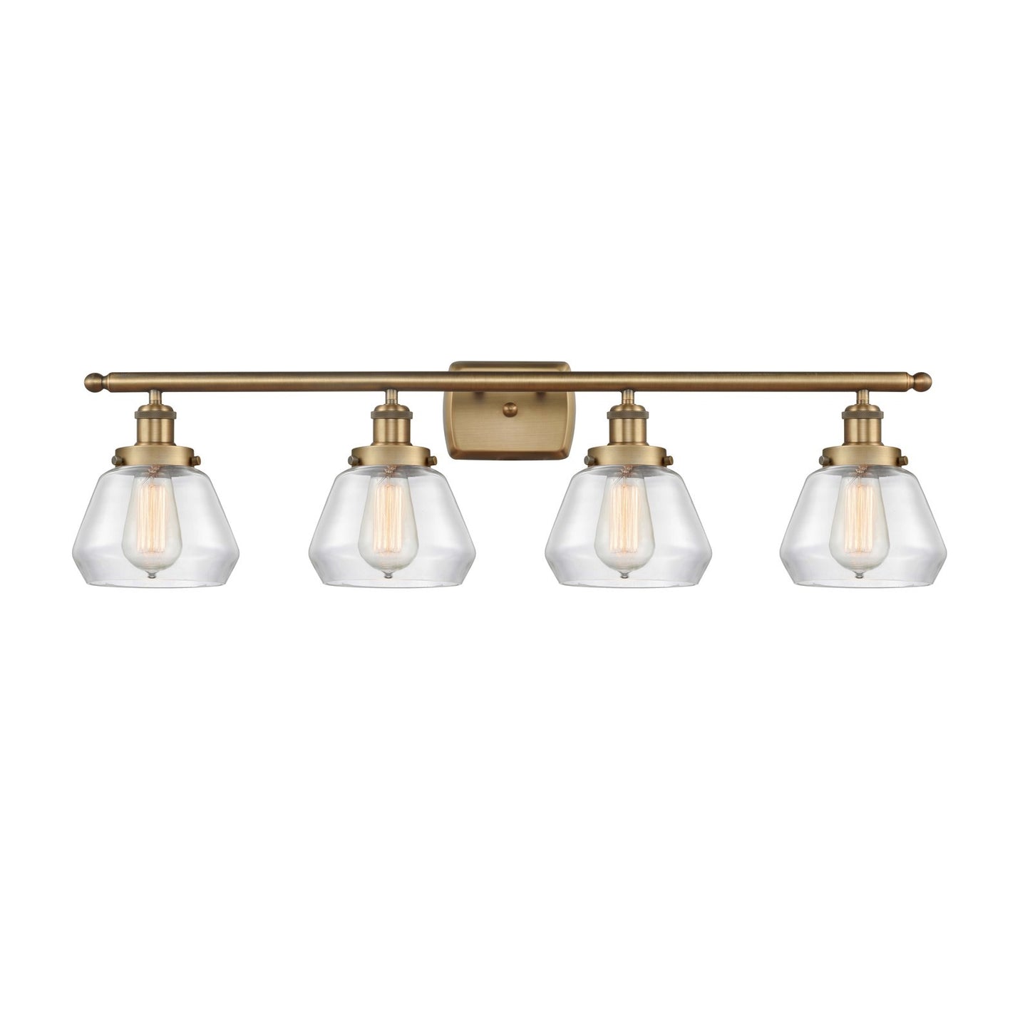 Innovations Fulton 37in 4-Light Bath Vanity Light | Brushed Brass Steel and Clear Glass Schoolhouse Shade | Bathroom Vanity & | Model 916-4W-BB-G172