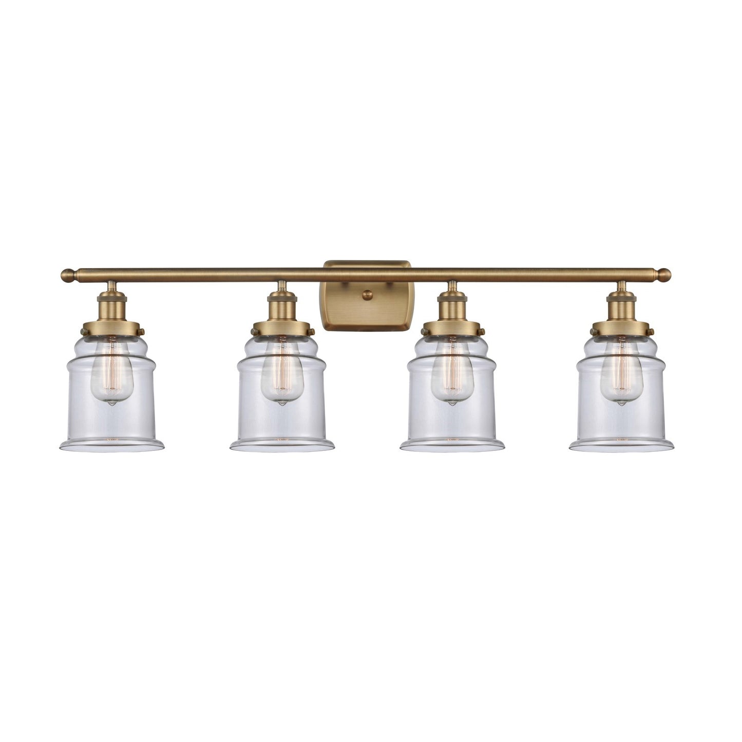 Innovations Canton 36in 4-Light Bath Vanity Light | Modern Transitional Brushed Brass and Clear Glass Schoolhouse Shade | Damp | Model 916-4W-BB-G182
