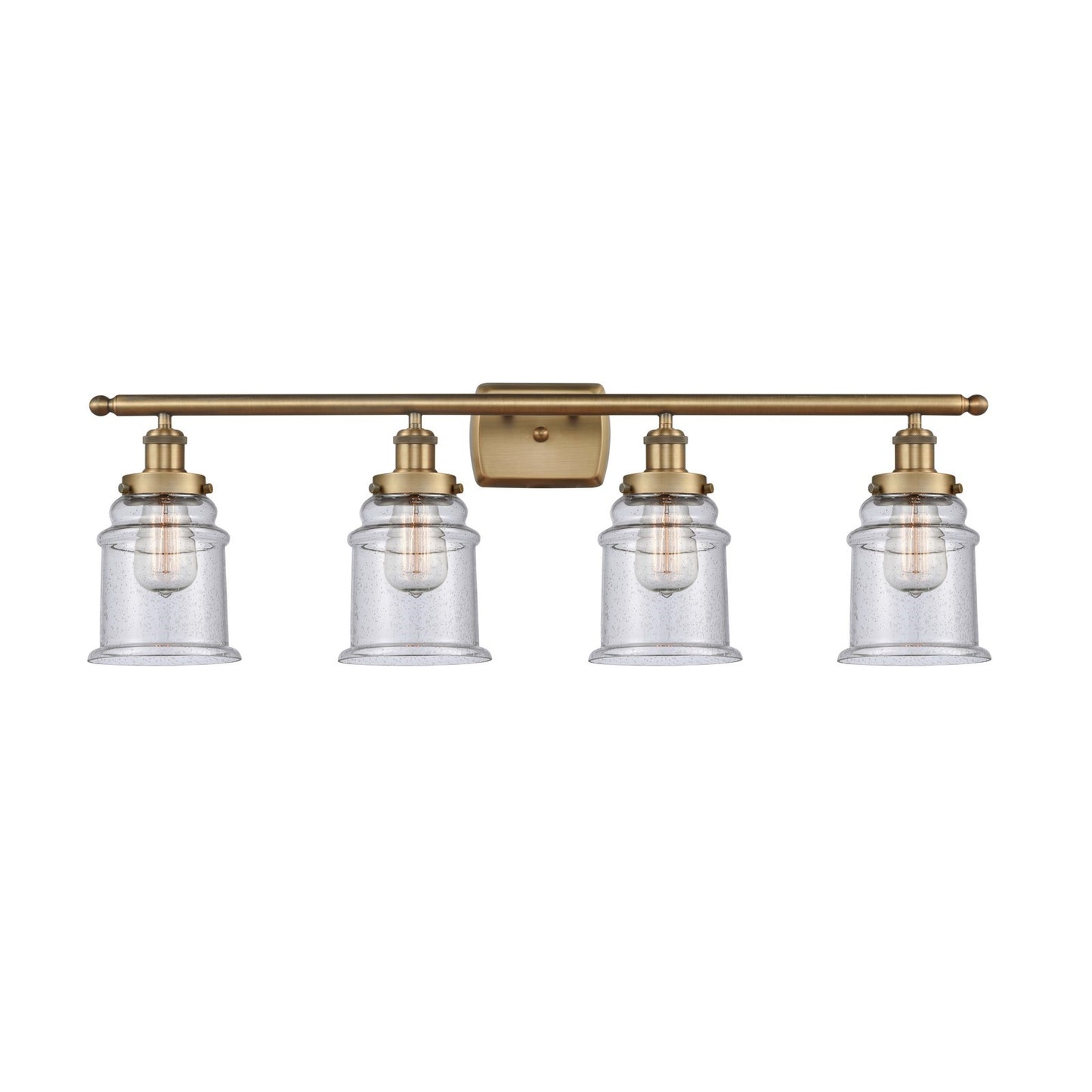 Innovations Canton 36in 4-Light Bath Vanity Light | Modern Transitional Brushed Brass and Seedy Glass Schoolhouse Shade | Damp | Model 916-4W-BB-G184