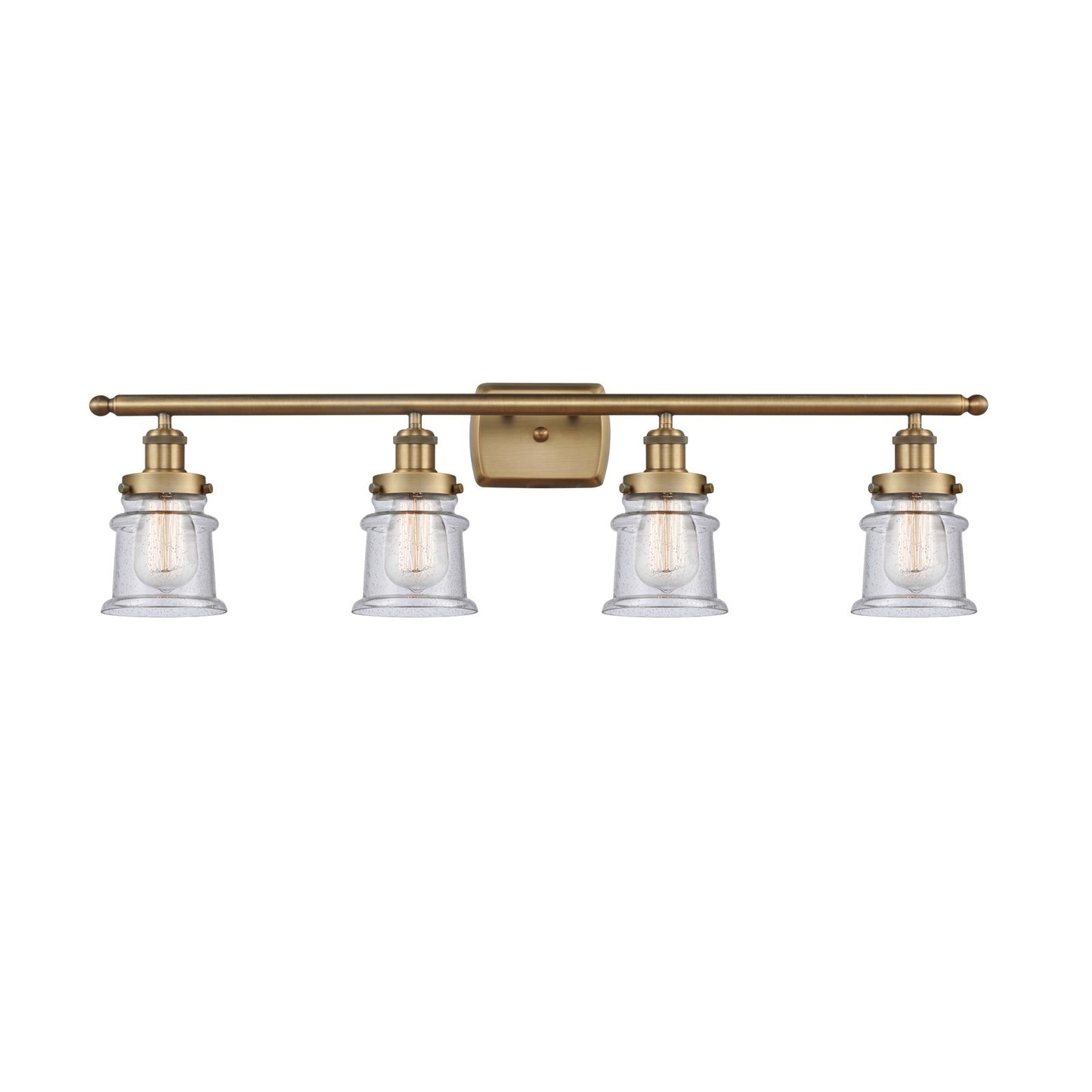 Innovations Canton 35.25in 4-Light Bath Vanity Light | Modern Transitional Brushed Brass and Seedy Glass Schoolhouse Shade | Damp | Model 916-4W-BB-G184S