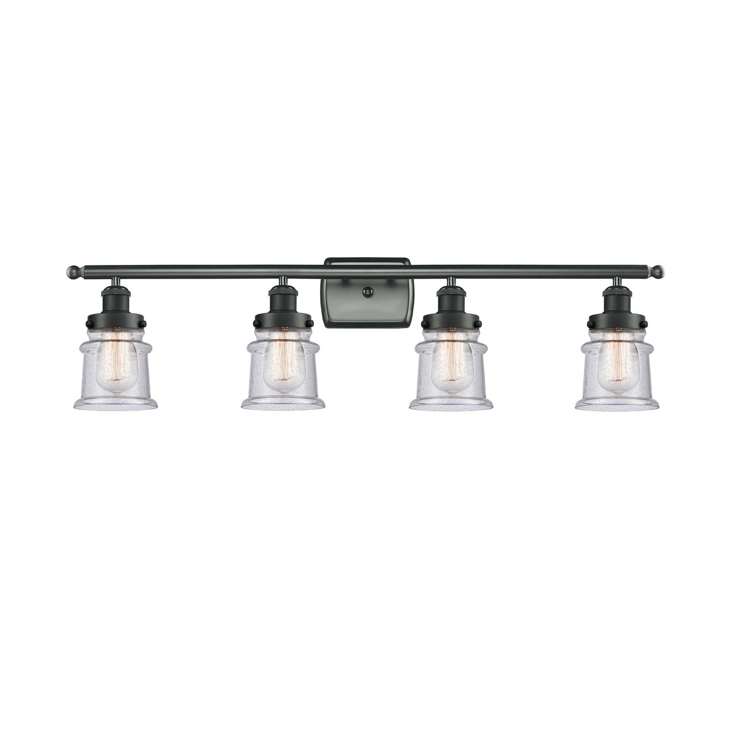 Innovations Canton 36in 4-Light Bath Vanity Light | Modern Contempo Matte Black Steel and Seedy Glass Schoolhouse Shade | Bathroom | Model 916-4W-BK-G184S