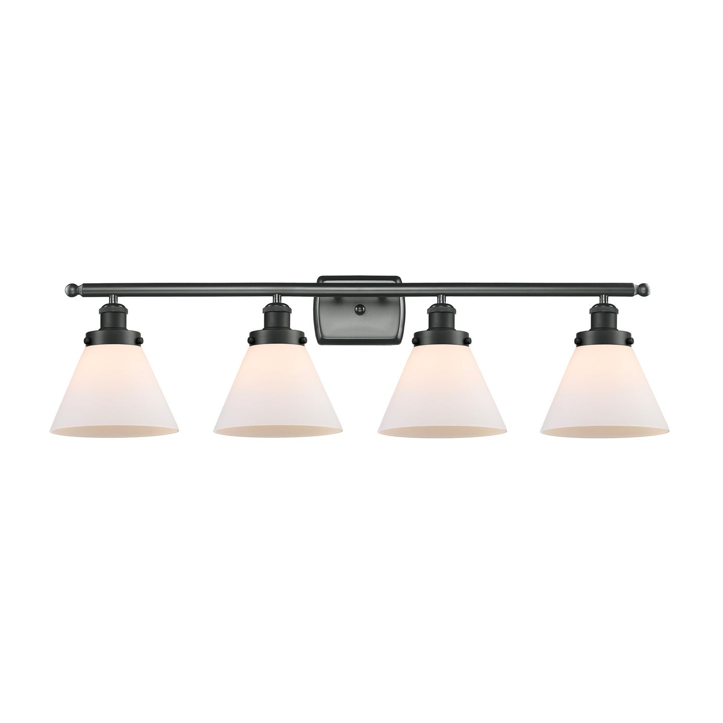 Innovations Cone 38in 4-Light Bath Vanity Light with LED | Industrial Modern Matte Black Steel and Frosted White Glass | Model 916-4W-BK-G41-LED