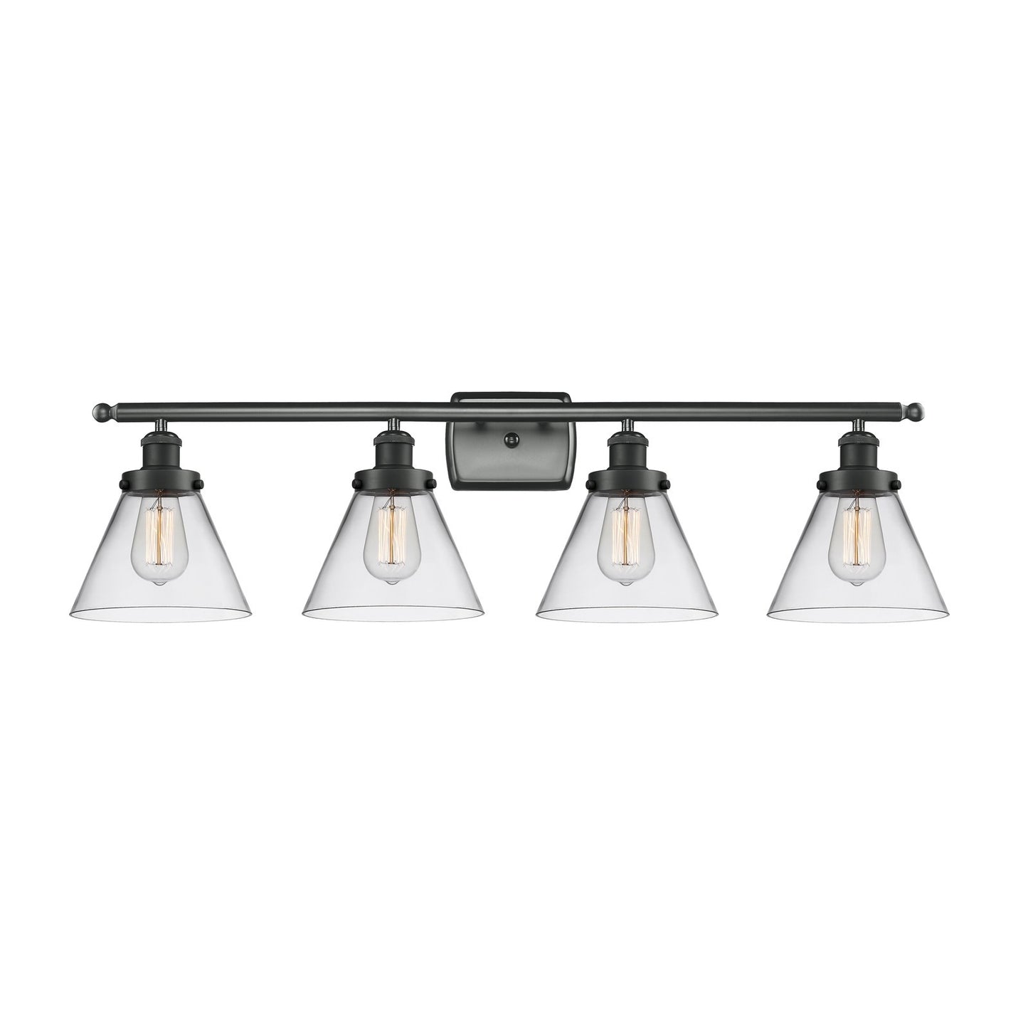 Innovations Cone 38in 4-Light Bath Vanity Light | Industrial Modern Matte Black Steel and Clear Glass | Bathroom Vanity | Model 916-4W-BK-G42