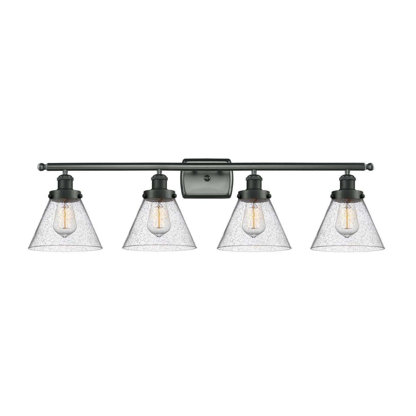 Innovations Cone 38in 4-Light Bath Vanity Light | Industrial Matte Black Steel and Seedy Glass | Kitchen & Bathroom | Model 916-4W-BK-G44-LED
