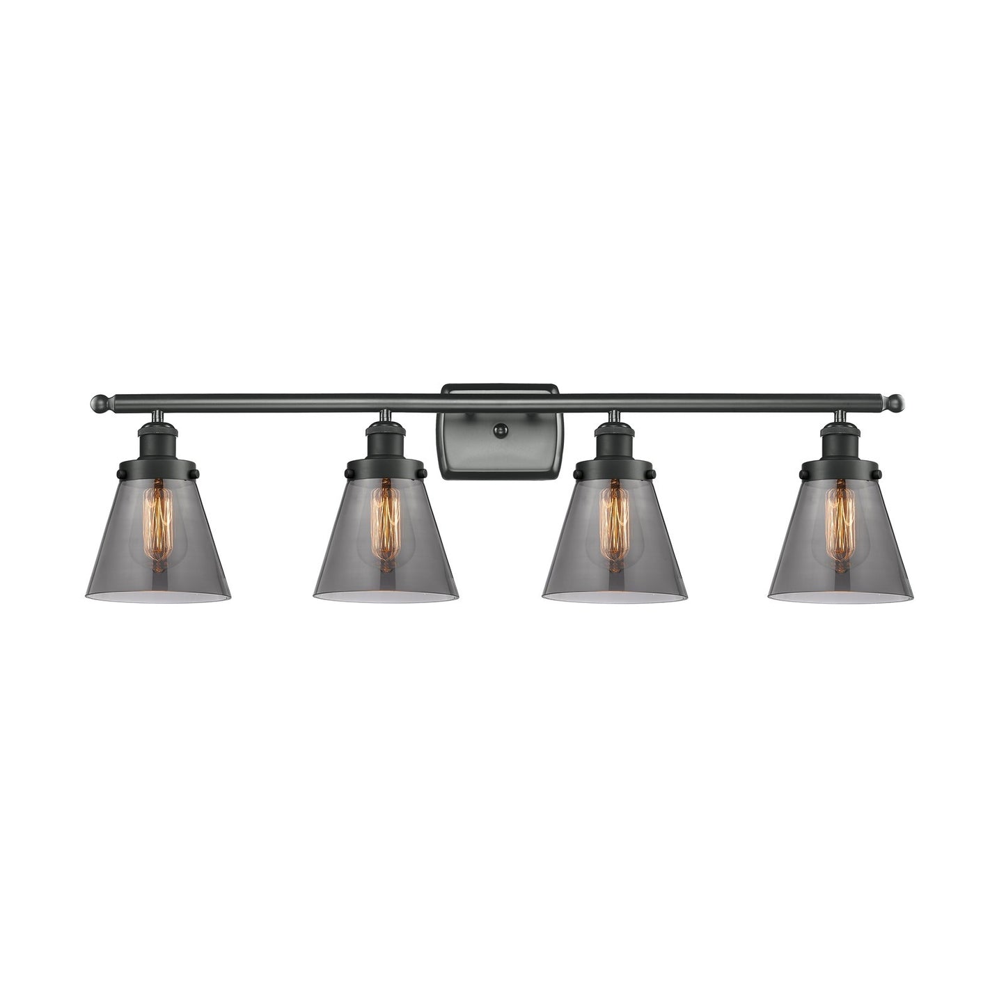 Innovations Cone 36in 4-Light Bath Vanity Light | Industrial Matte Black Steel and Light Smoke Cone Glass | Bathroom Vanity | Model 916-4W-BK-G63-LED