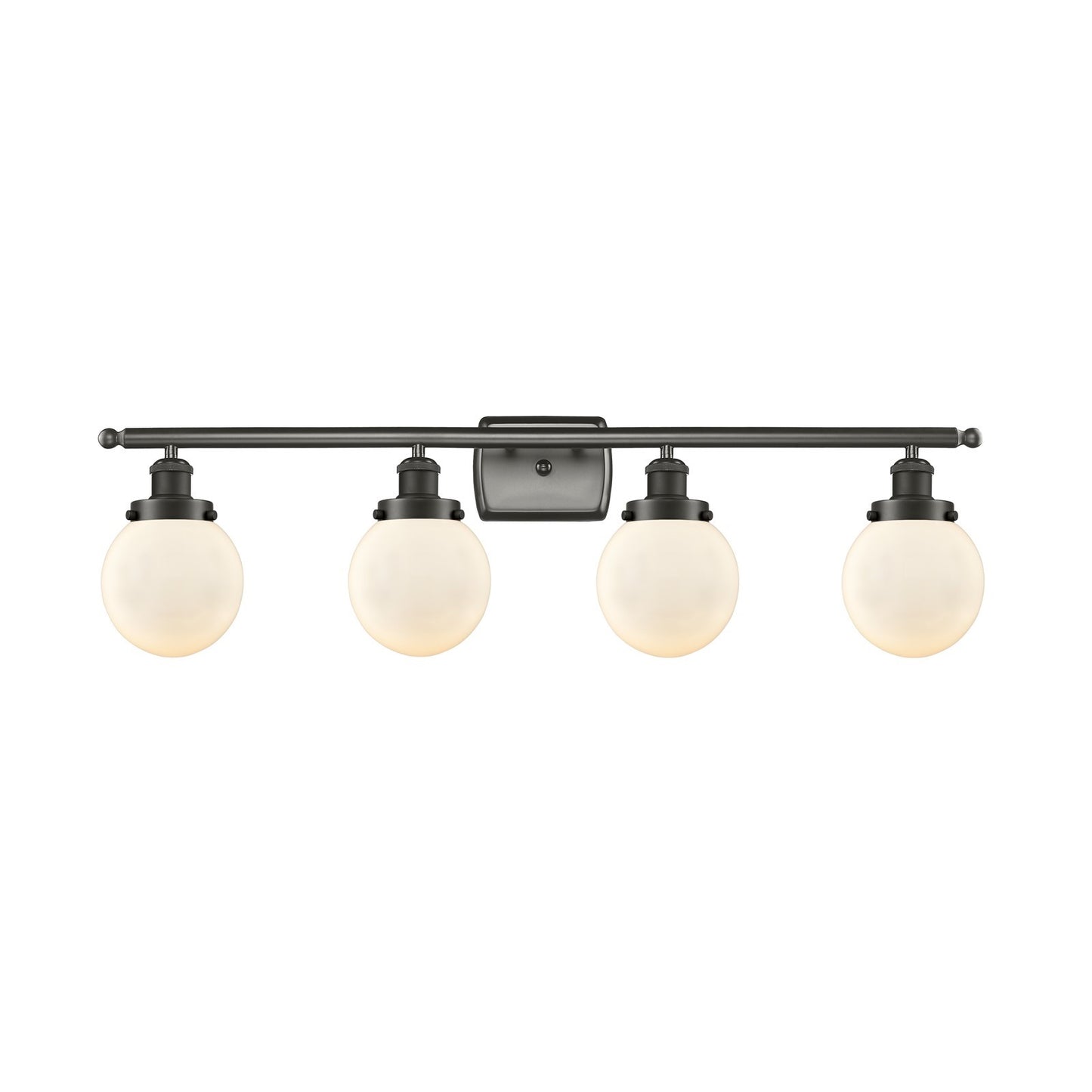 Innovations Beacon 36in 4-Light Bath Vanity | Oil Rubbed Bronze Steel and Matte White Frosted Glass Globe Shade | Bathroom | Model 916-4W-OB-G201-6-LED