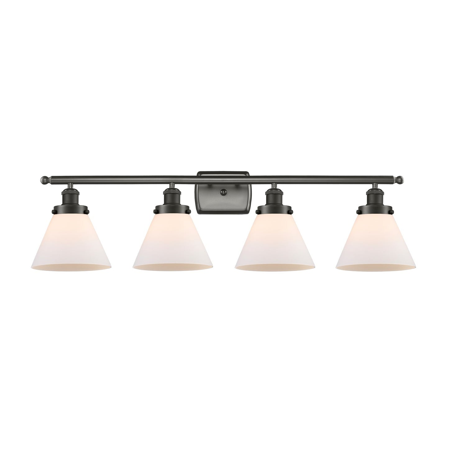Innovations Cone 38in 4-Light Bath Vanity Light | Oil Rubbed Bronze Steel and Cast Brass with Matte White Frosted Glass Cone | Model 916-4W-OB-G41-LED