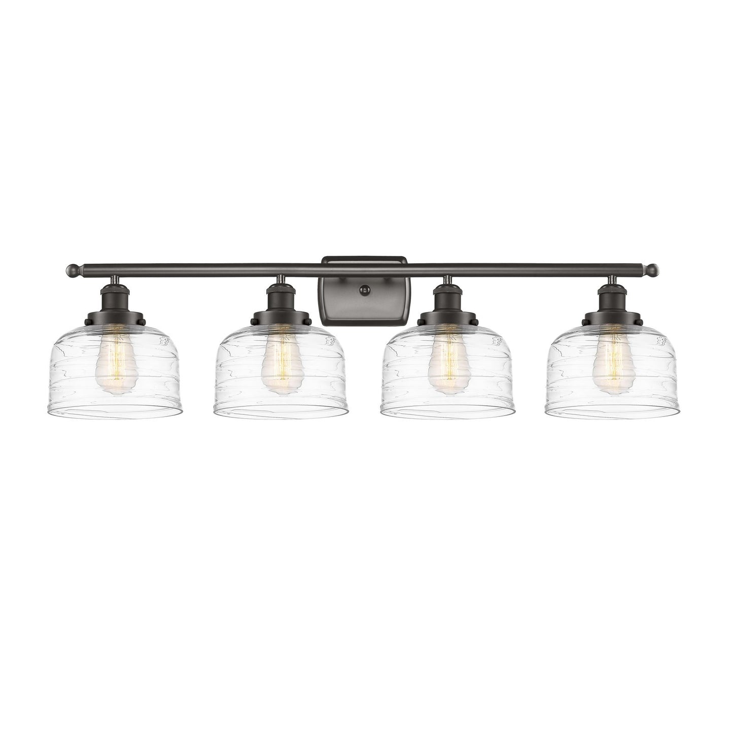 Innovations Bell 38in 4-Light Bath Vanity Light | Industrial Oil Rubbed Bronze Steel and Clear Deco Swirl Glass | Bathroom Vanity | Model 916-4W-OB-G713