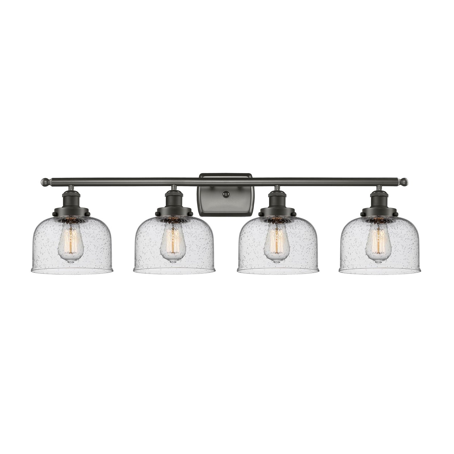 Innovations Bell 38in 4-Light Bath Vanity Light | Industrial Oil Rubbed Bronze Steel and Seedy Glass | Bathroom Vanity | 38 x 11 in | Model 916-4W-OB-G74
