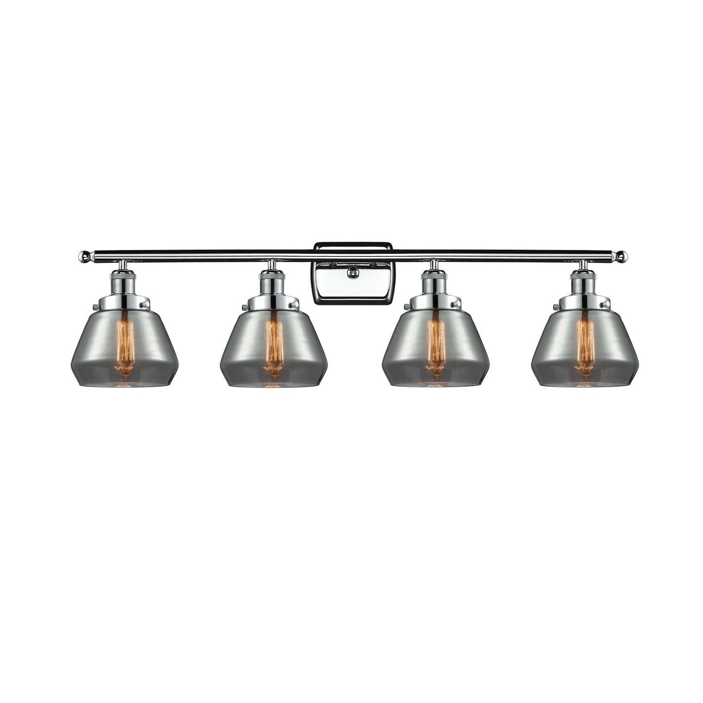 Innovations Fulton 37in 4-Light Bath Vanity Light | Modern Contempo Polished Chrome and Light Smoke Glass Schoolhouse Shade | Model 916-4W-PC-G173