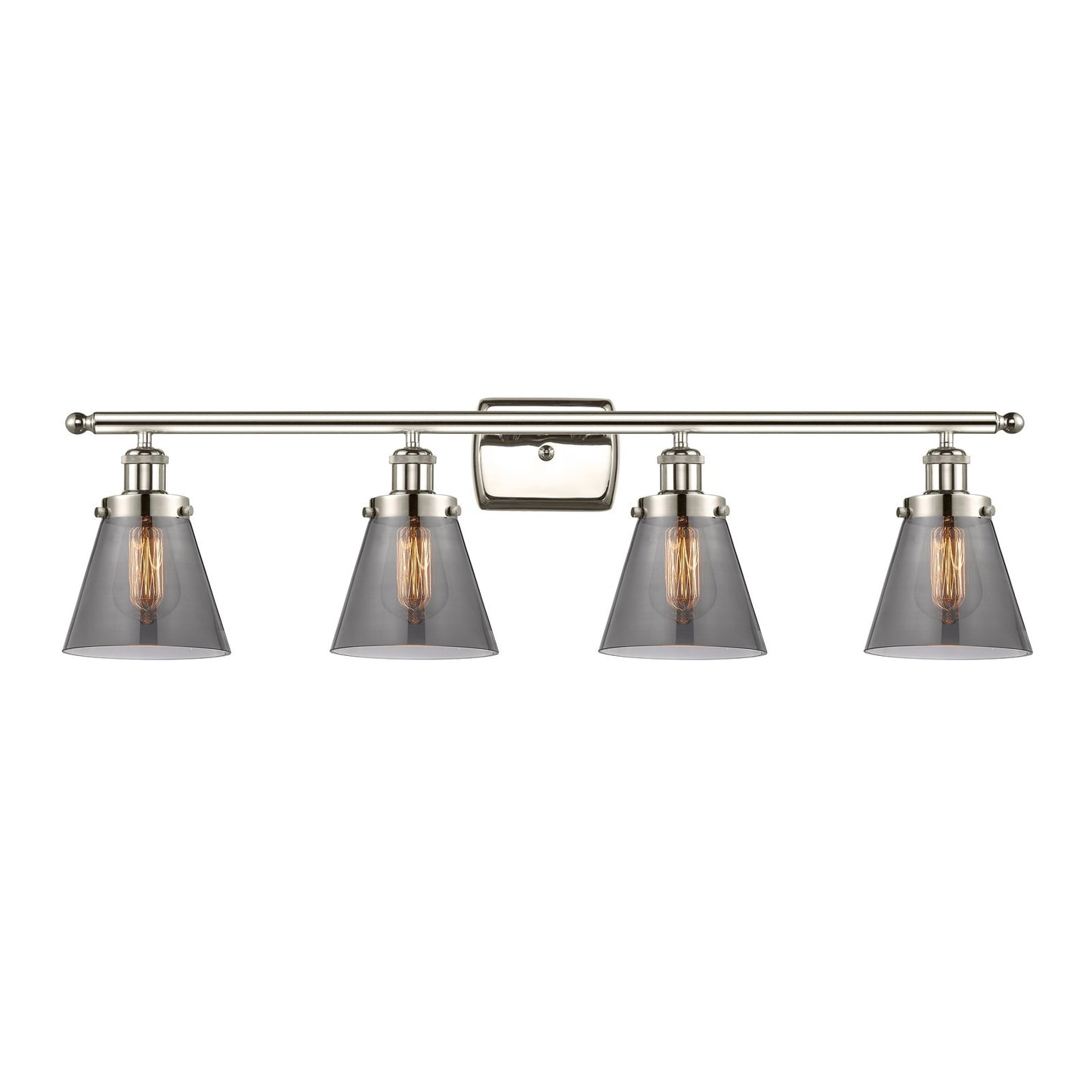 Innovations Cone 36in 4-Light Bath Vanity Light | Industrial Polished Nickel Steel and Light Smoke Glass | Bathroom Vanity | Model 916-4W-PN-G63-LED