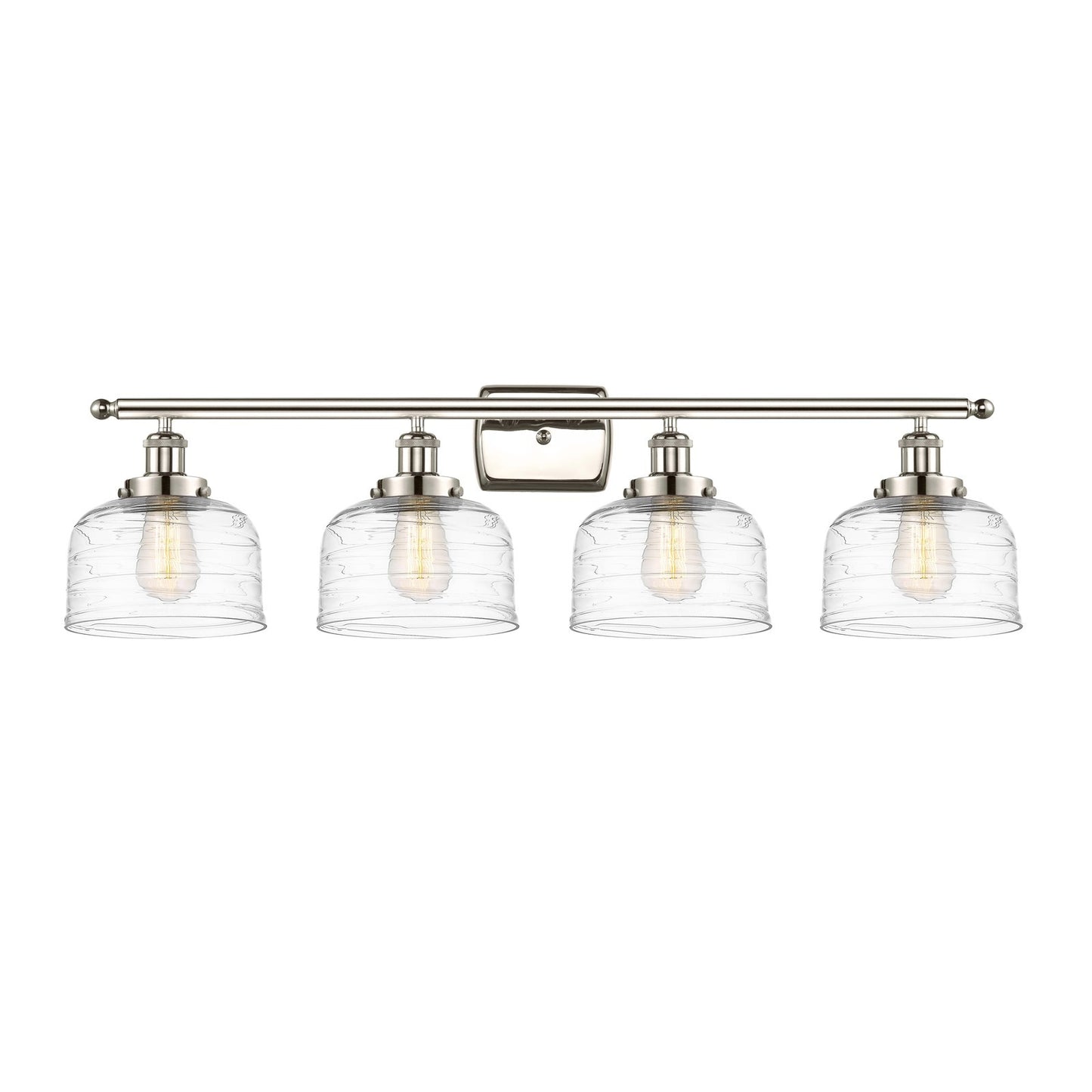 Innovations Bell 38in 4-Light Bath Vanity Light | Industrial Polished Nickel Steel and Clear Deco Swirl Glass | Bathroom Vanity | Model 916-4W-PN-G713